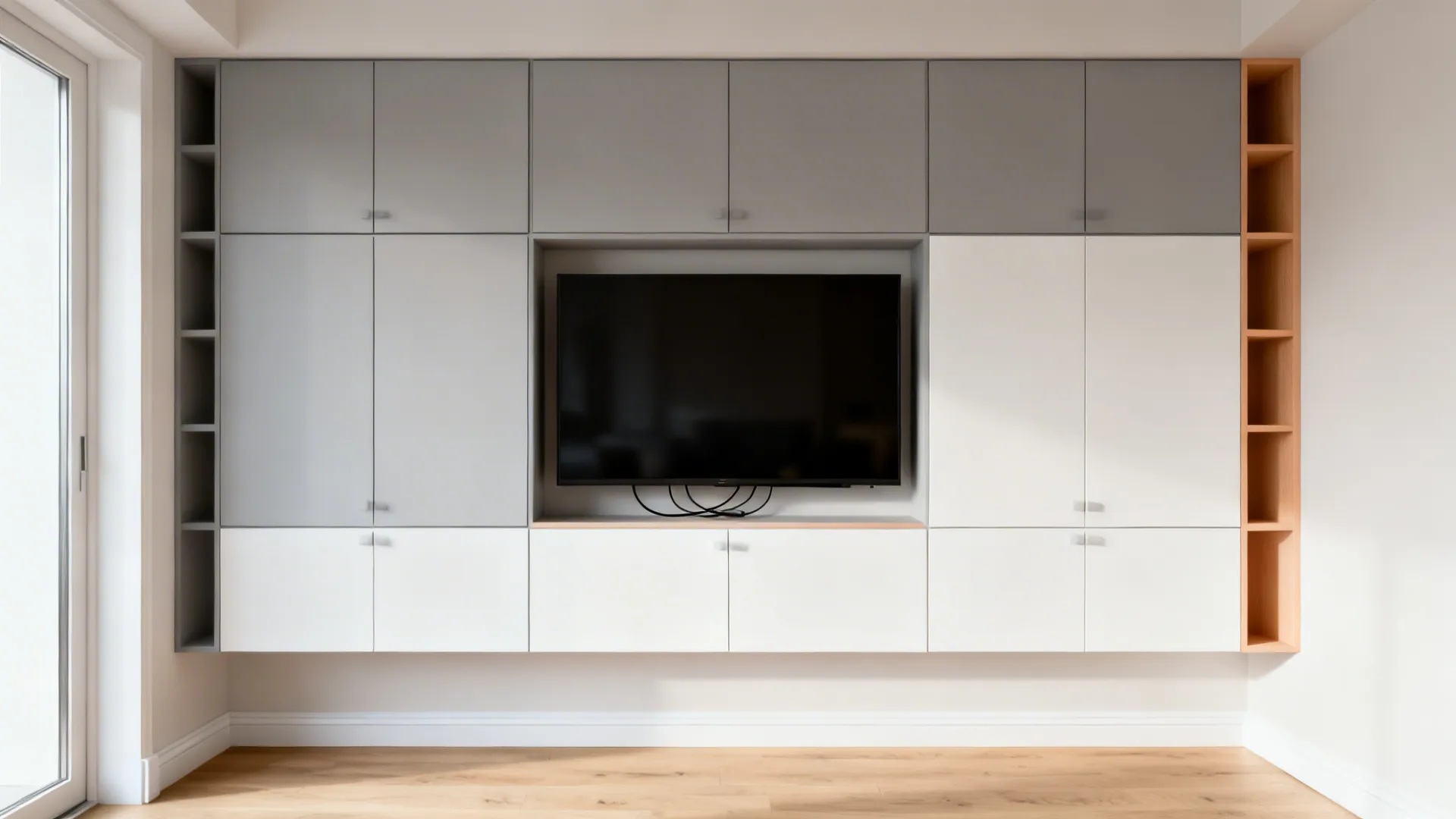 Slim floating wall cabinets in a tight minimalist grid around a TV in a small living room.