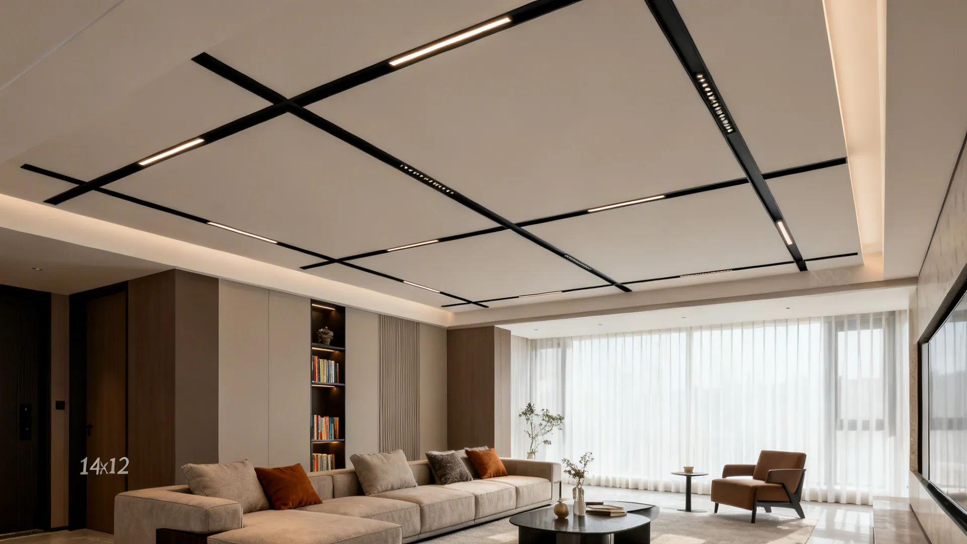 Modern living room with black grid ceiling lights grey sofa wooden panels and large windows