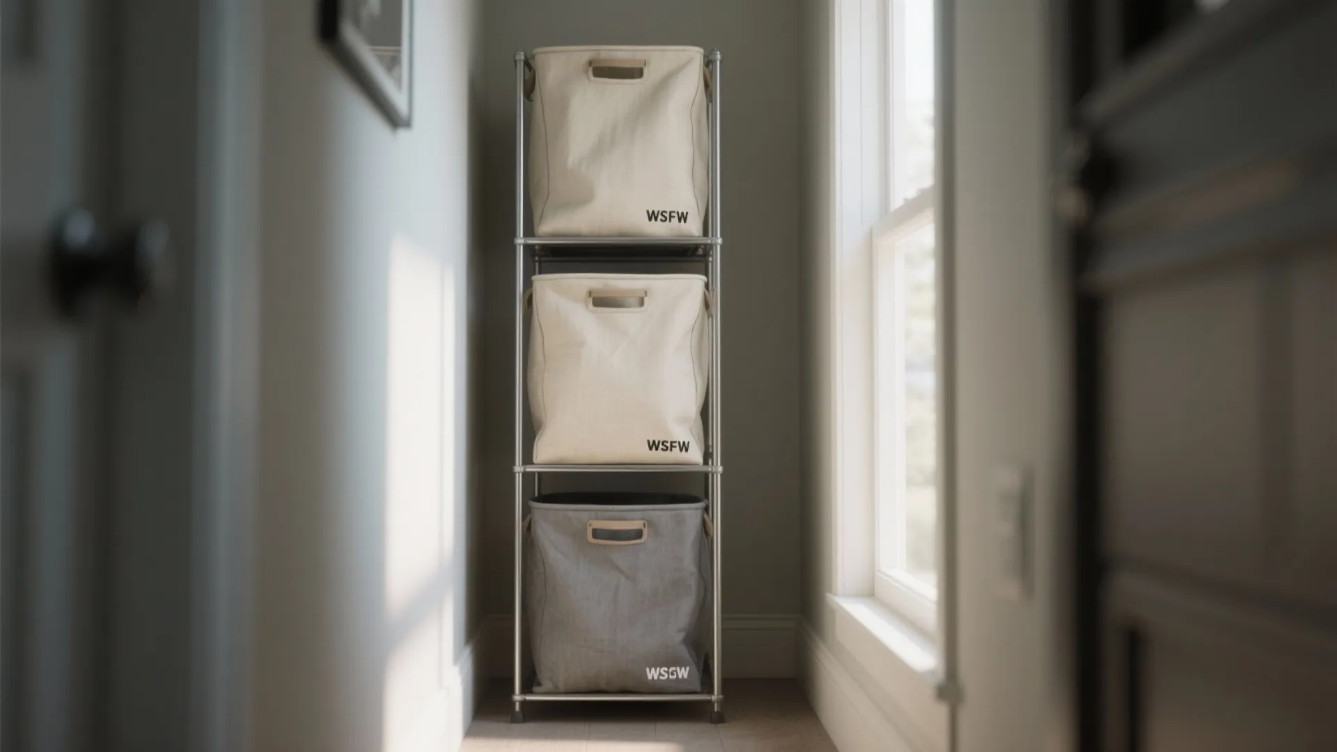 Narrow closet with a slim vertical hamper tower of three fabric bins anchored to the wall.