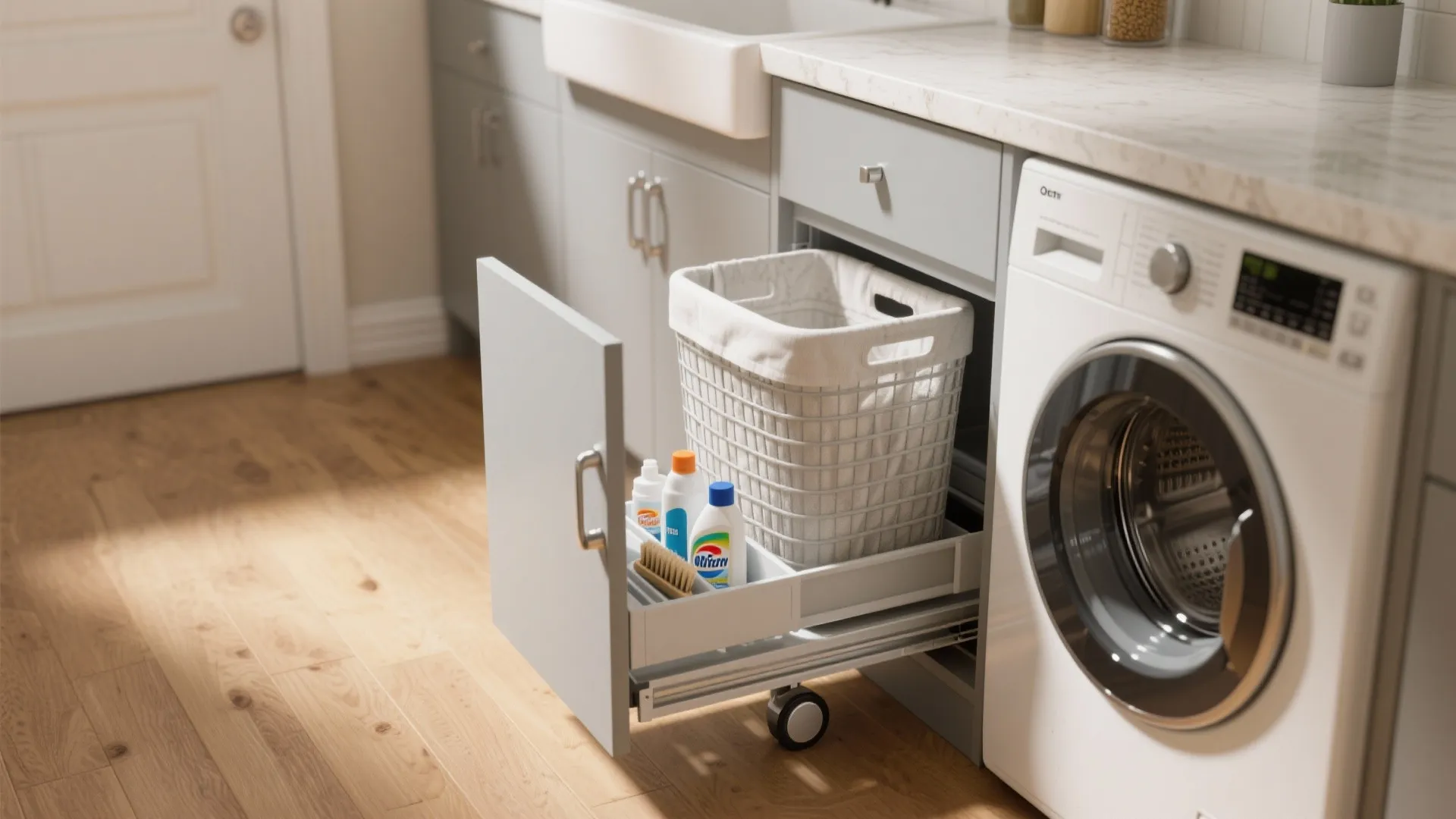 2. Slim rolling hamper and slide-out trays