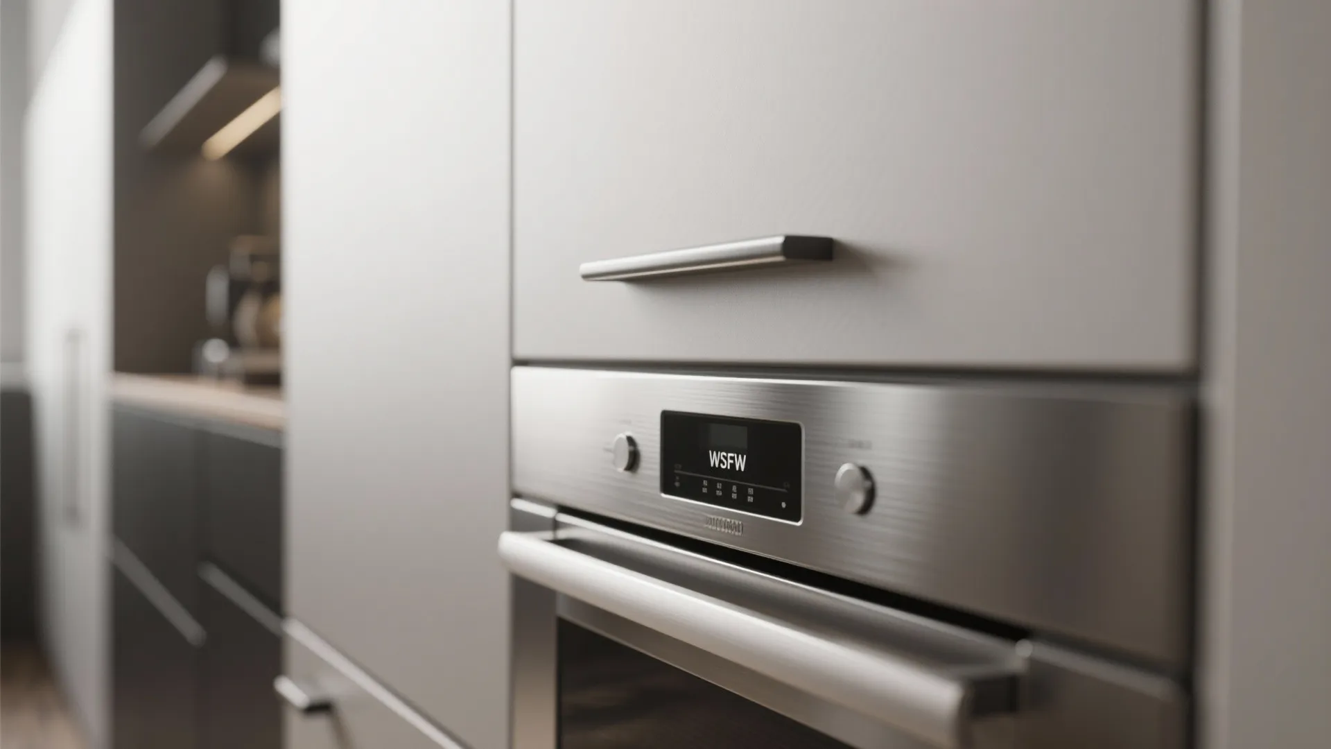 Close up of silver oven and grey kitchen cabinet with slim metal handle in modern kitchen