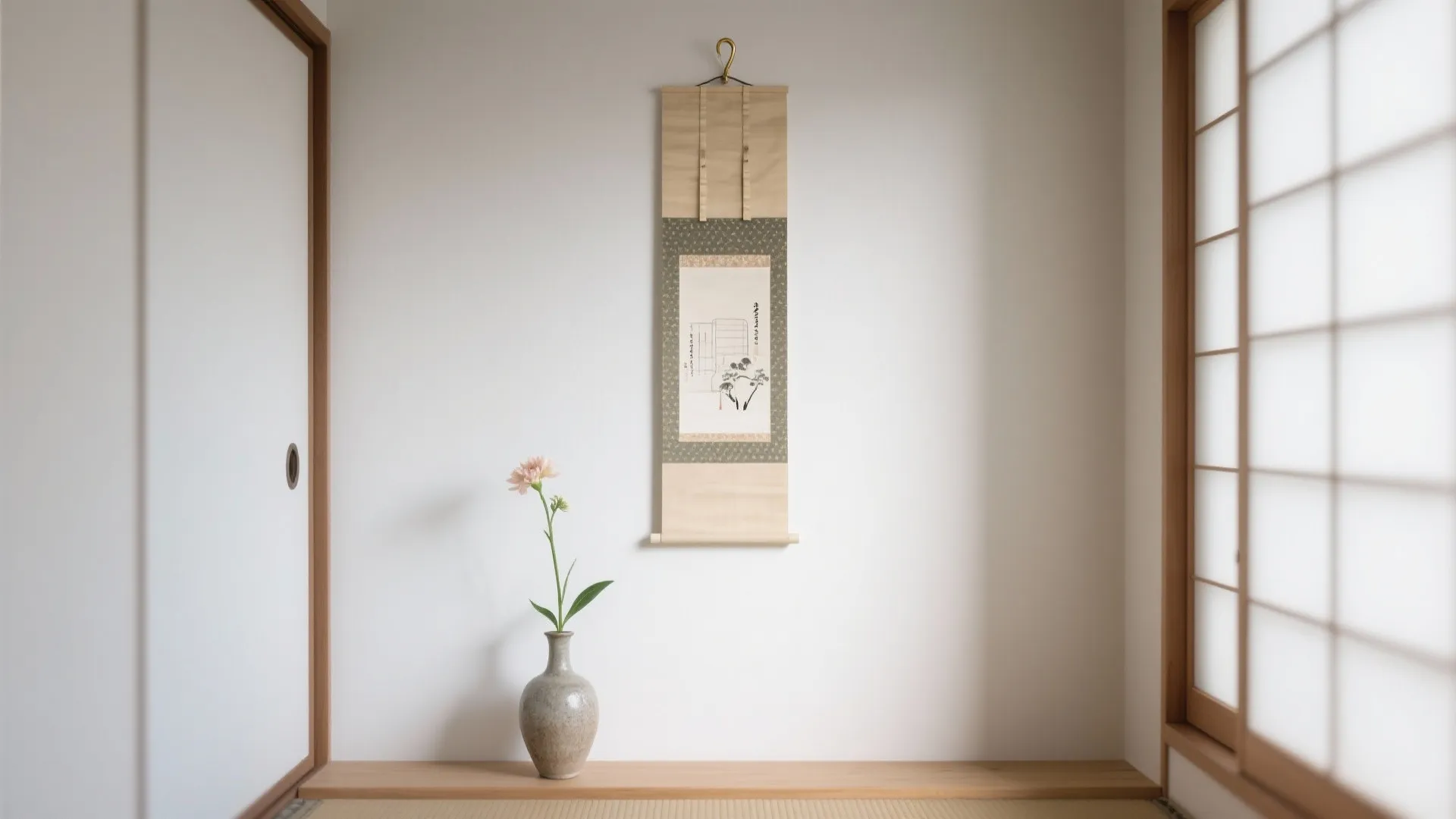 スリムな“掛け軸＋花”の構成：動線計画を崩さない垂直デザイン