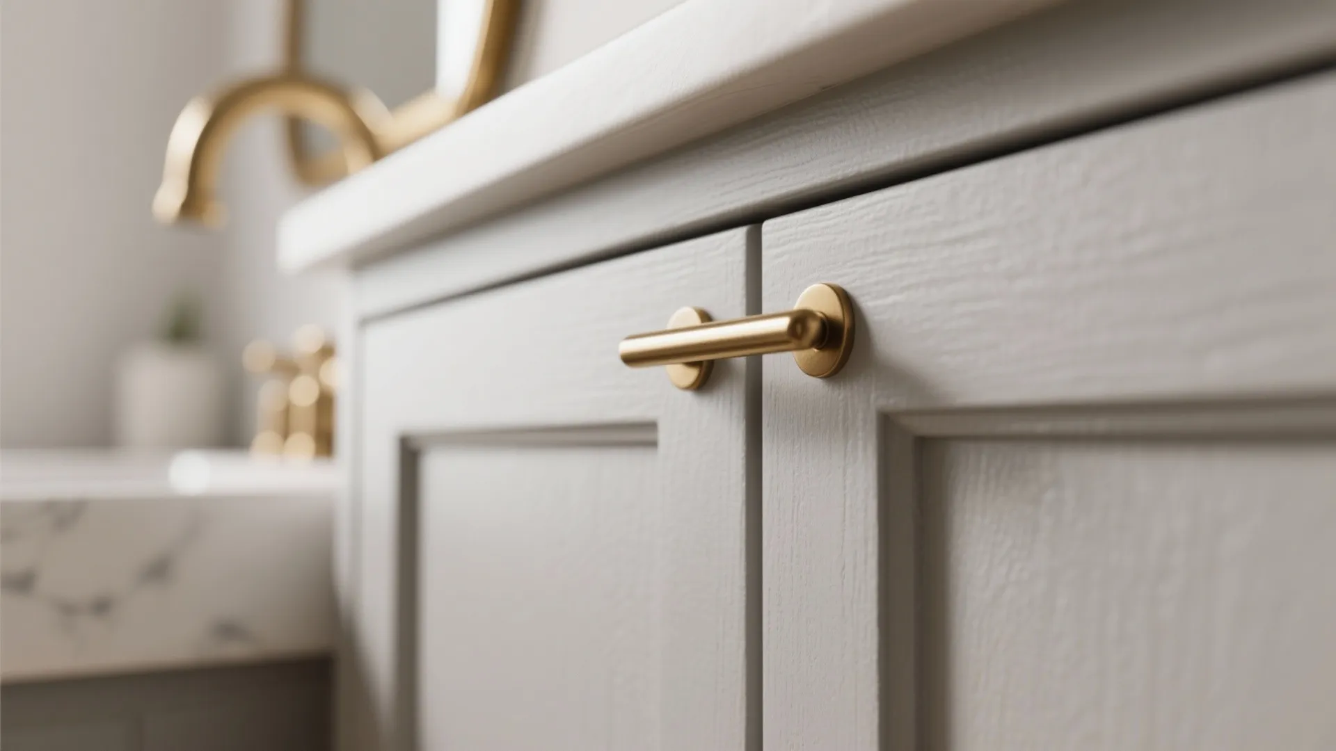 Modern white bathroom cabinet featuring slim gold handles with a matching gold faucet and countertop