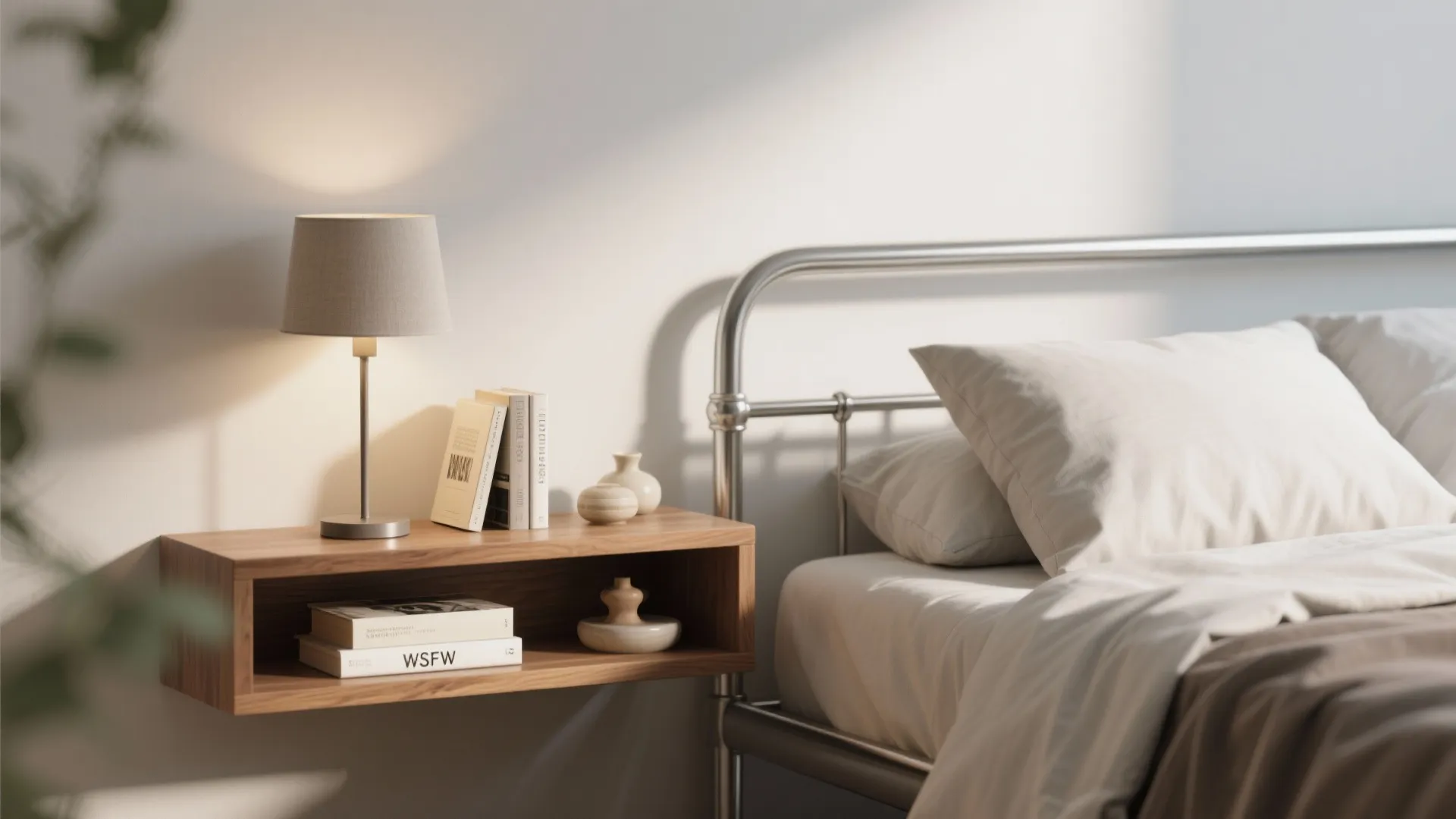 Metal bed frame with a floating wooden nightstand holding a small lamp and several books