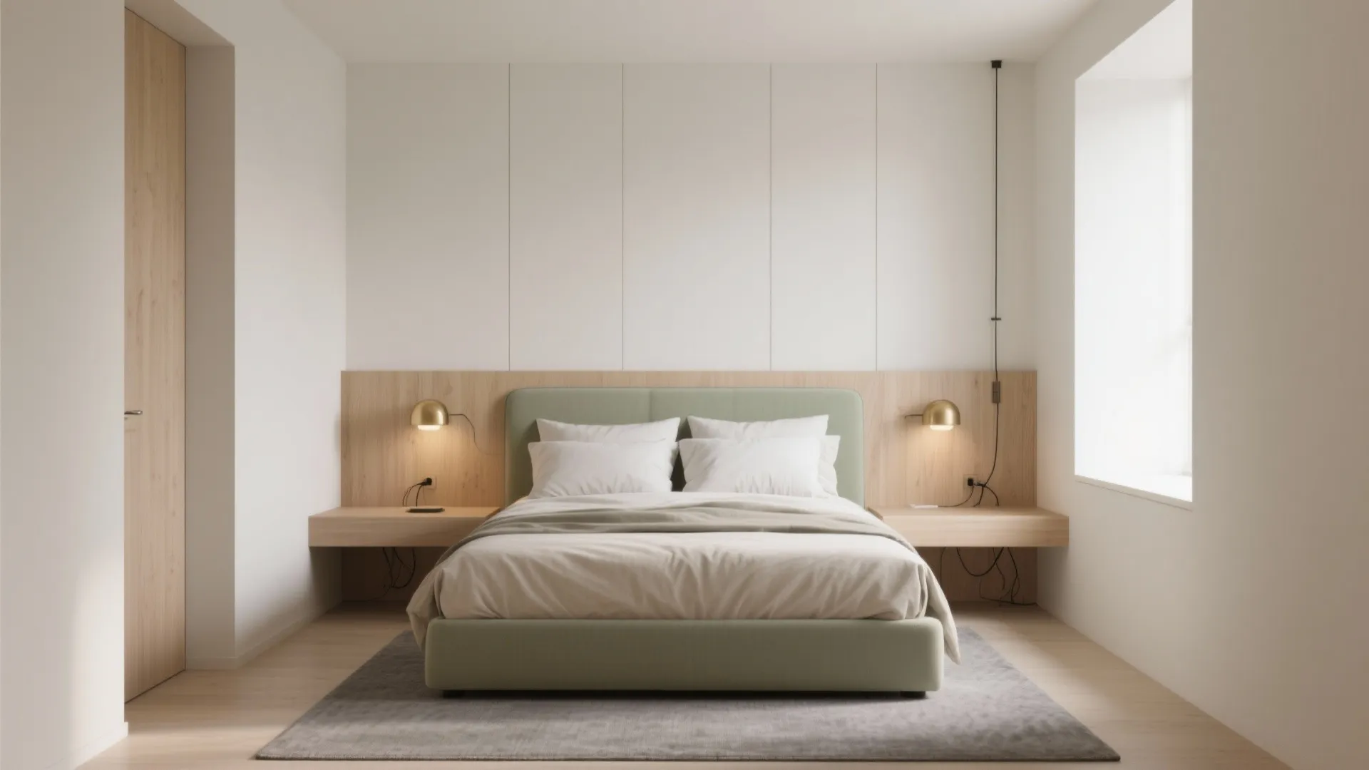 1) Slim-frame king bed with an integrated headboard wall