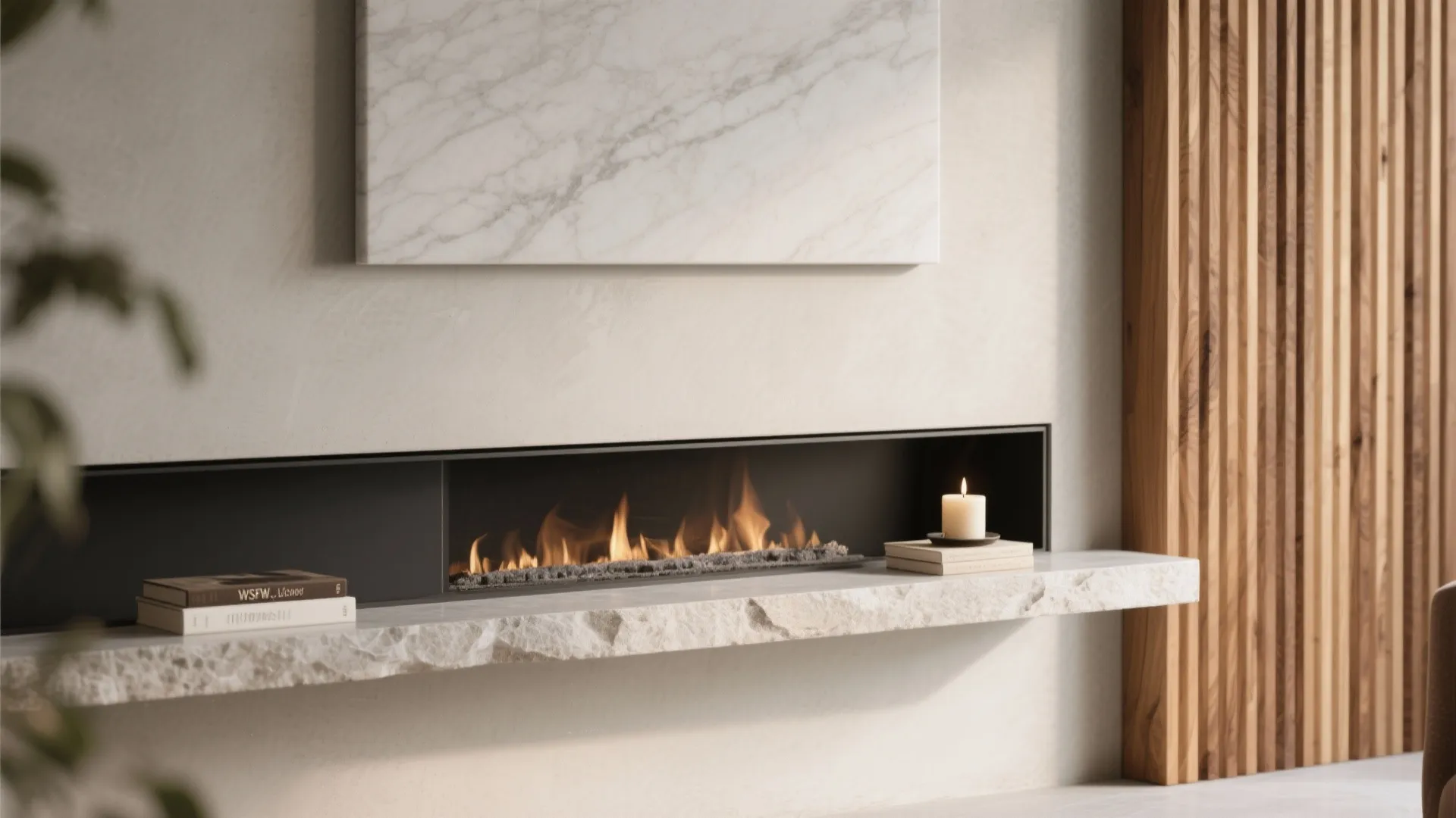 Modern thin fireplace built into white wall with stone shelf candle books and wood wall panel
