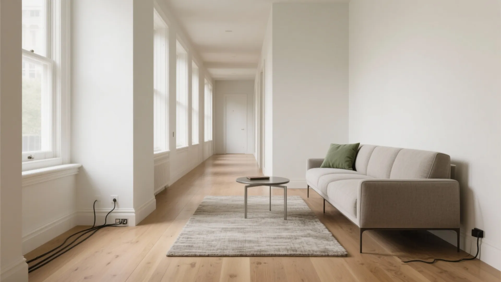 Slim-armed, high-leg sofa in a long narrow living room, with more visible floor and clear circulation.