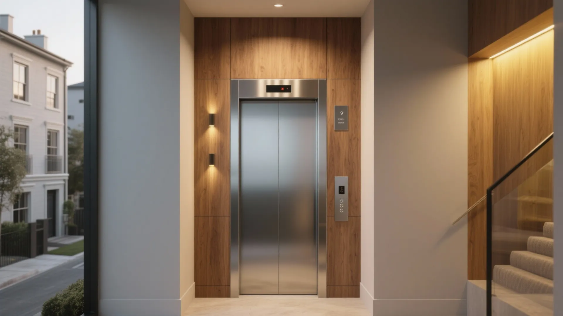 Modern home elevator with stainless steel doors and wooden wall panels next to a staircase