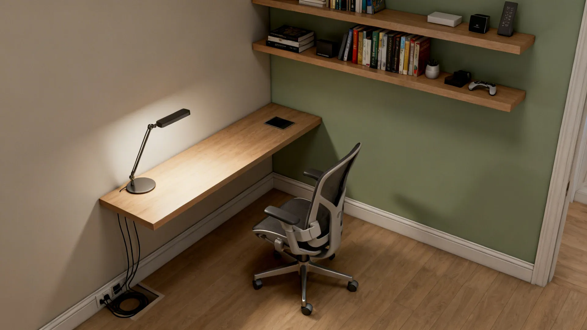 Small home office corner with wooden floating desk, black chair, table lamp, and green wall