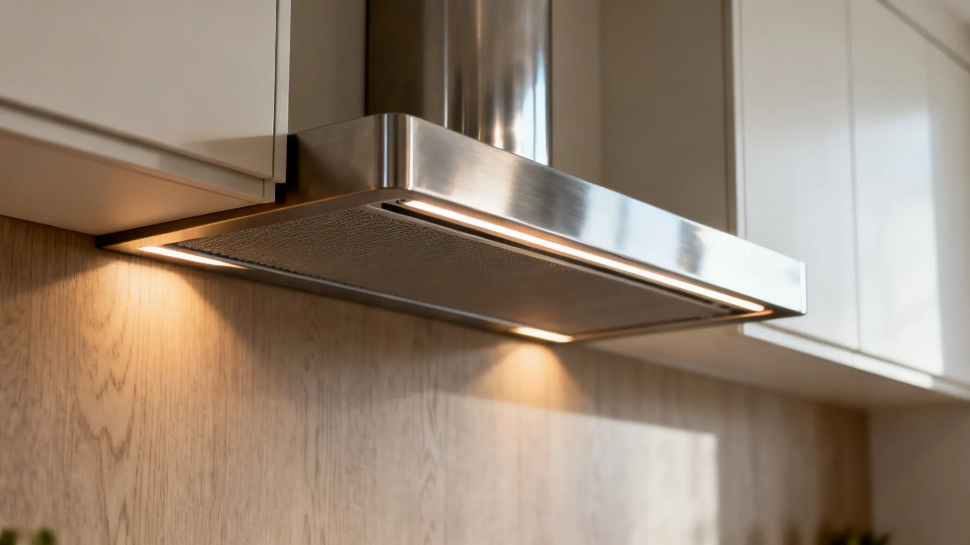 Close-up of modern stainless steel kitchen hood with bright light strip under white wooden cabinets