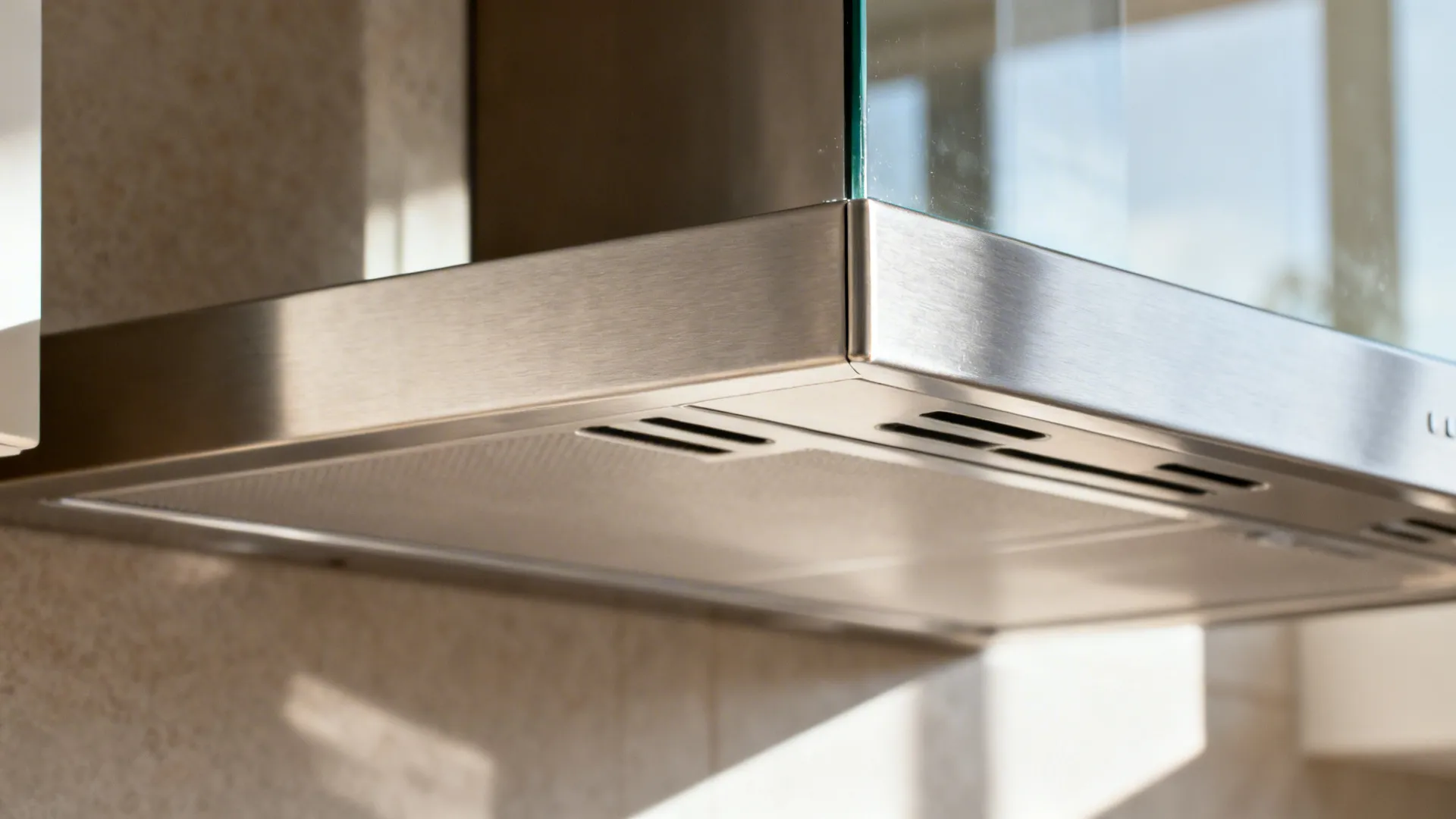 Macro of brushed steel slim chimney canopy with tempered glass detail in soft light.