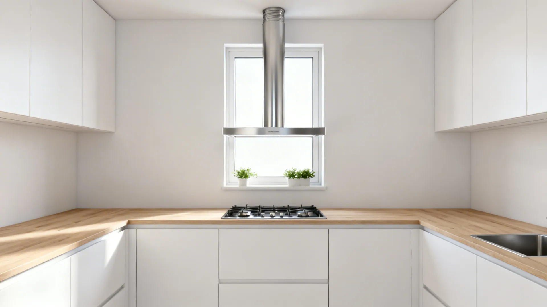 Slim stainless chimney centered on window mullion in a minimalist galley kitchen.