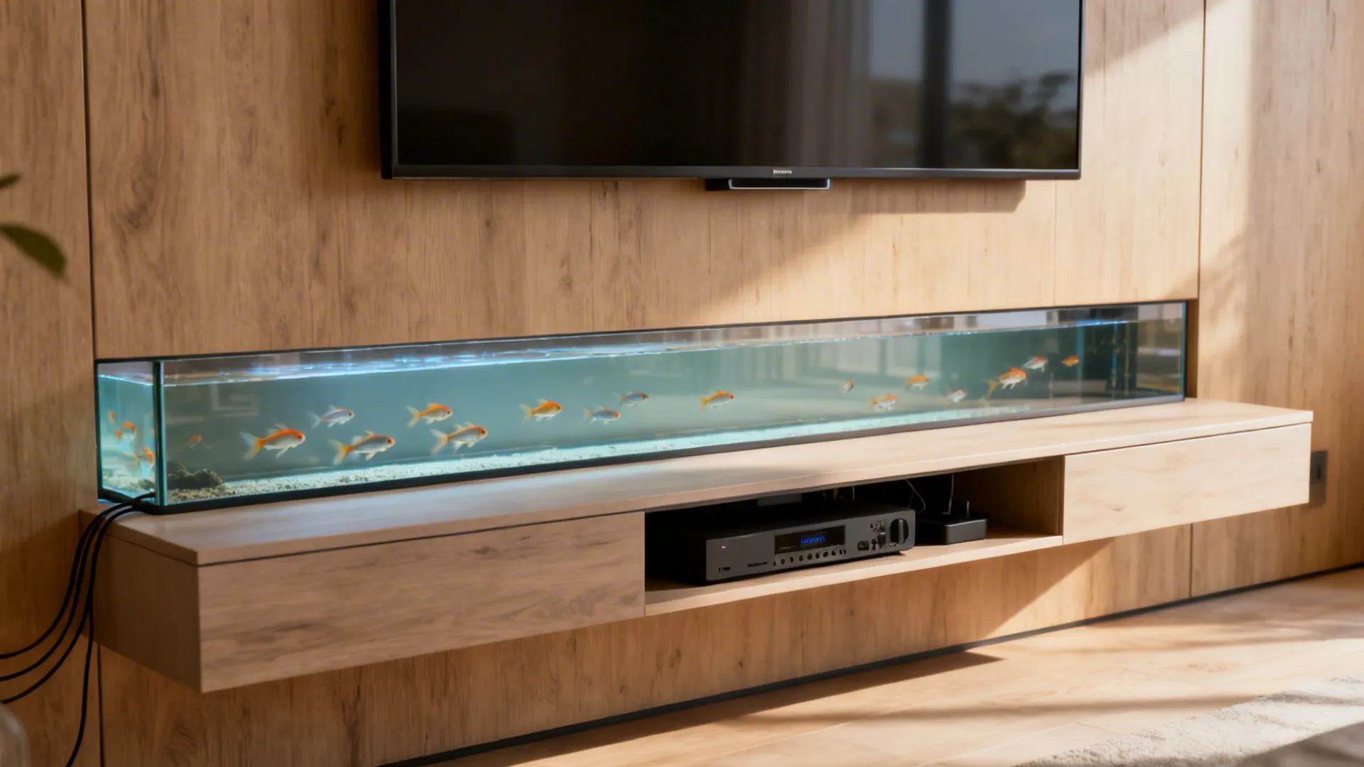 Narrow horizontal in-wall aquarium beneath TV with floating console and concealed cables.