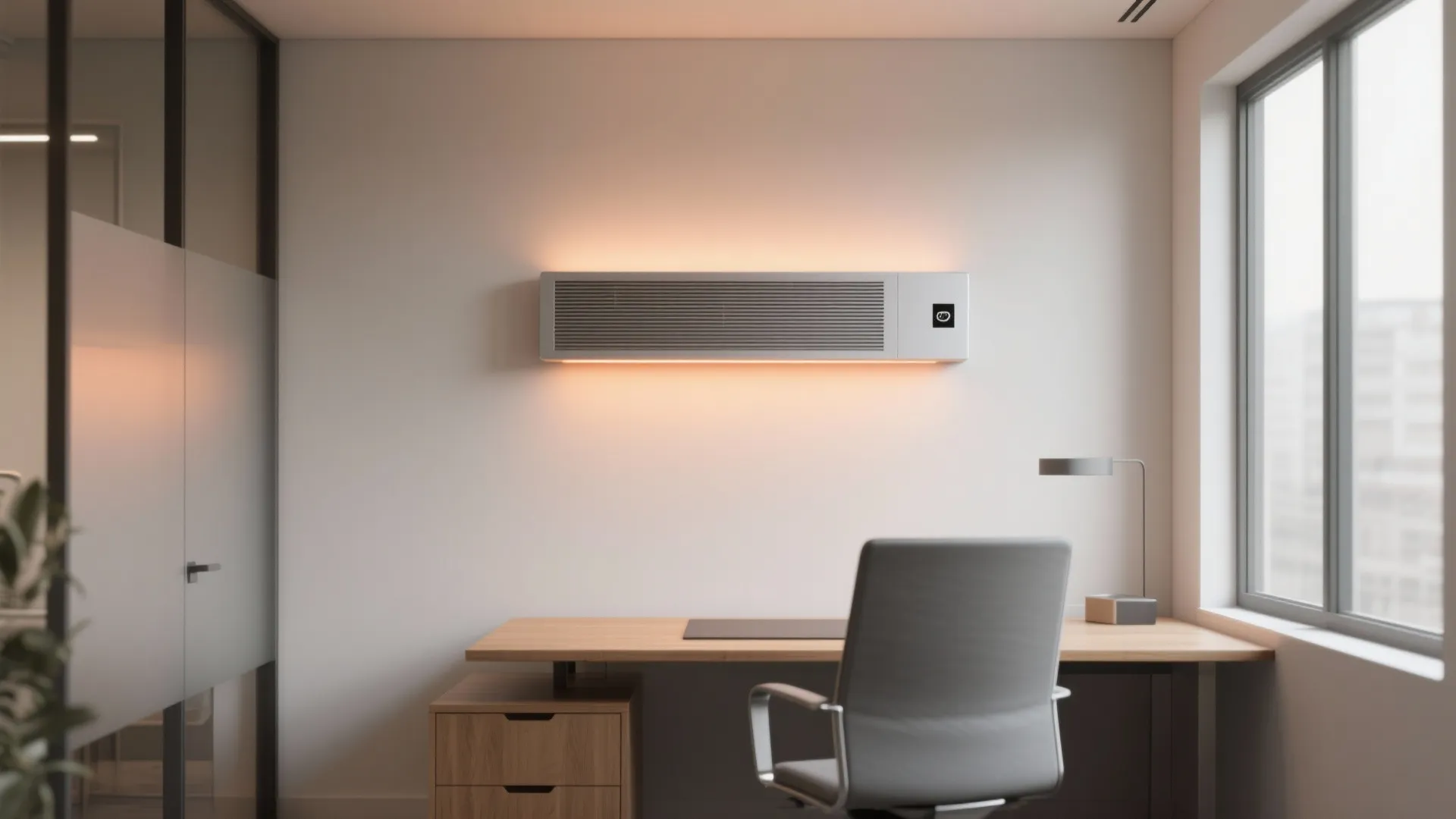 Modern office interior with wall mounted heater above wooden desk grey chair and window light