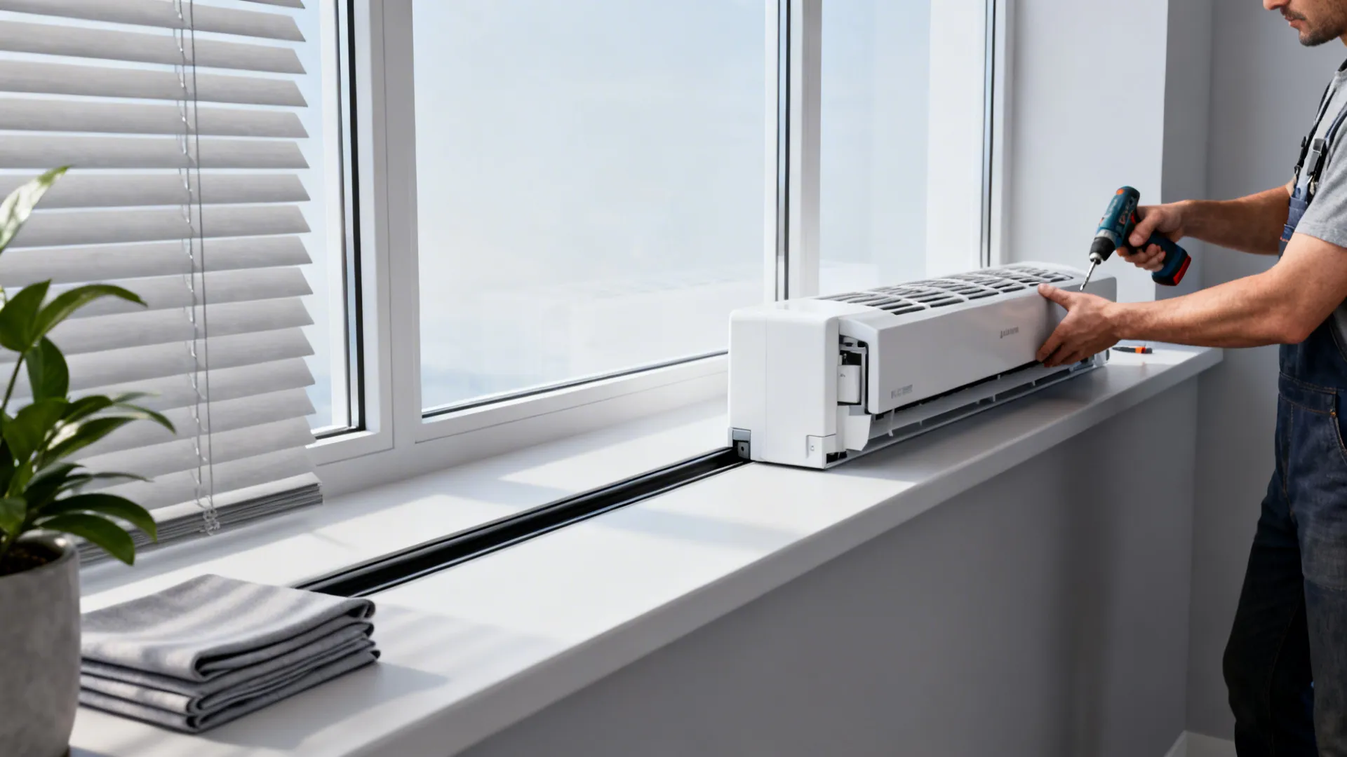 Slim-profile window AC being easily installed on a narrow windowsill, showing preserved sill space.