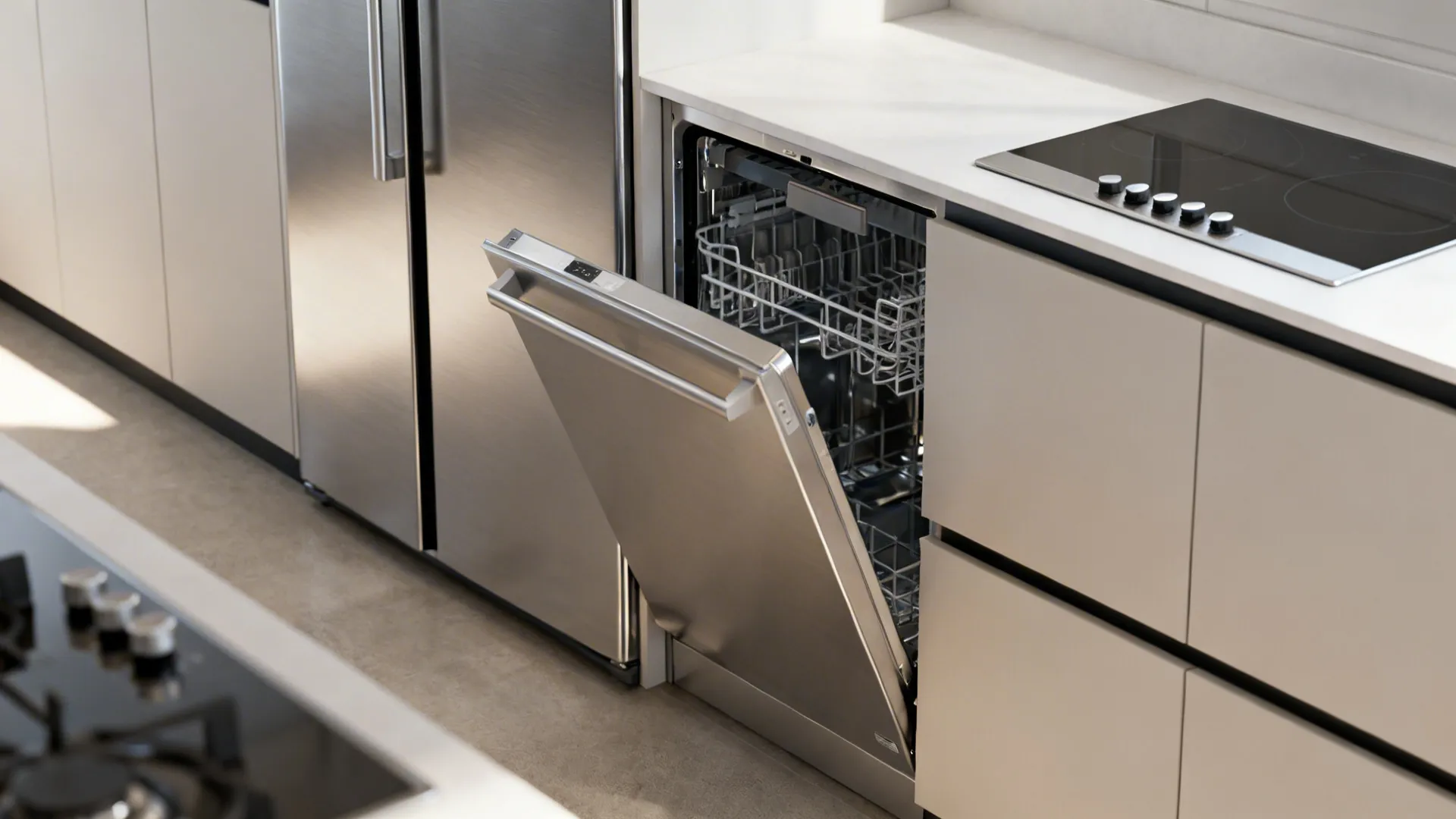 Slim integrated fridge and drawer dishwasher creating clean sightlines in a kitchen