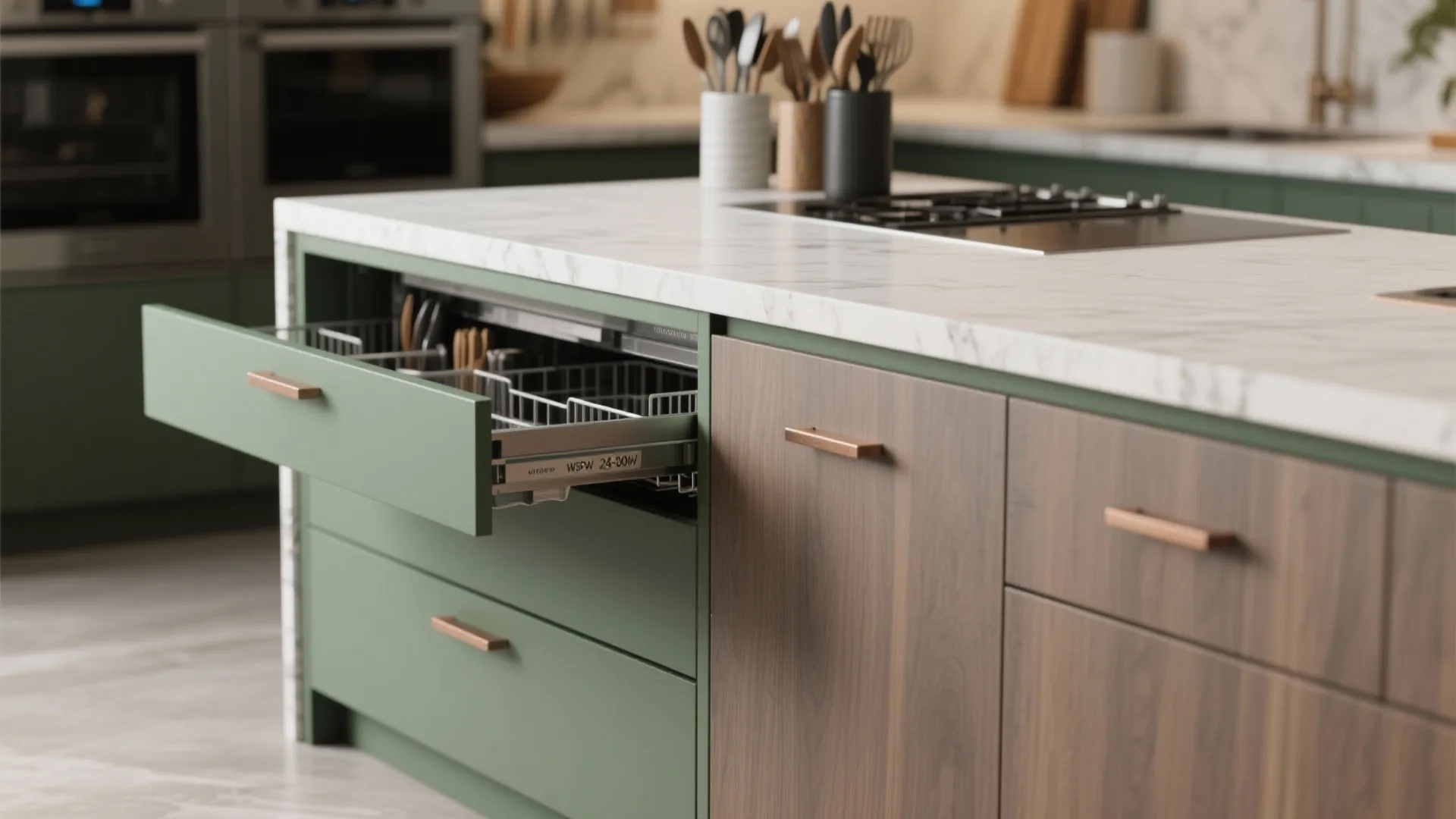 Modern green kitchen island with marble countertop featuring pulled out drawer and natural wood storage