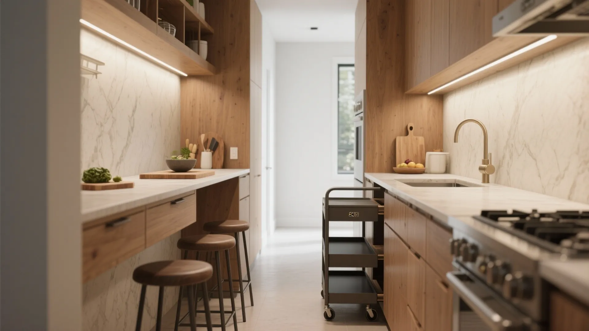 Narrow kitchen with wood cabinets marble wall three bar stools gold faucet and black trolley