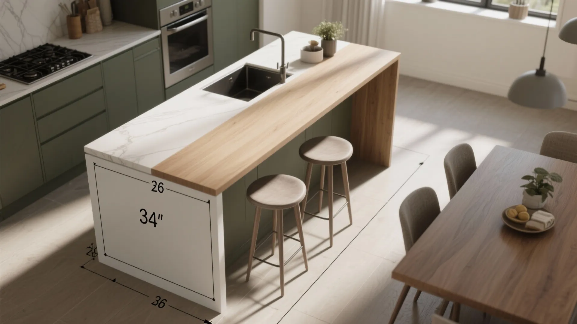 Kitchen island with sink and wood counter showing height dimensions next to green cabinets and stools