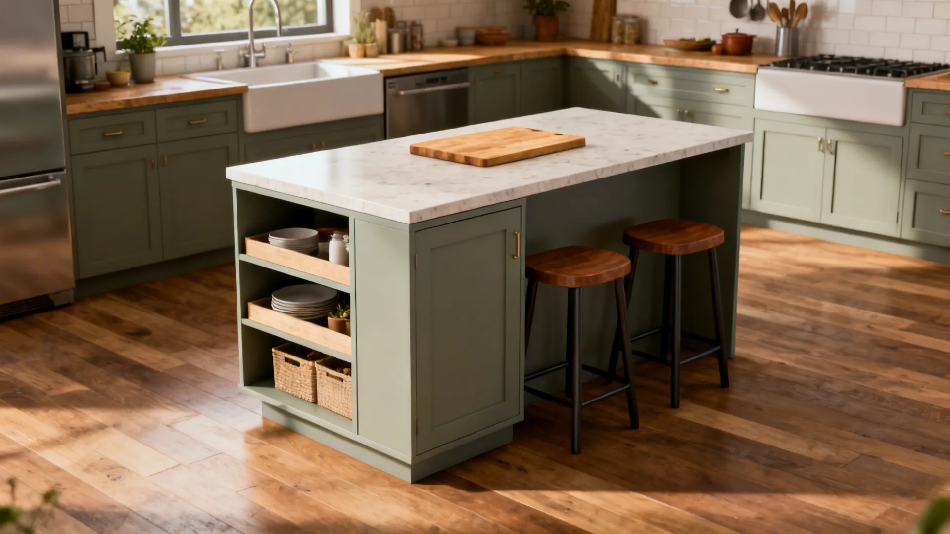 Slim multi-use island in a 12x12 kitchen providing prep, storage, and seating