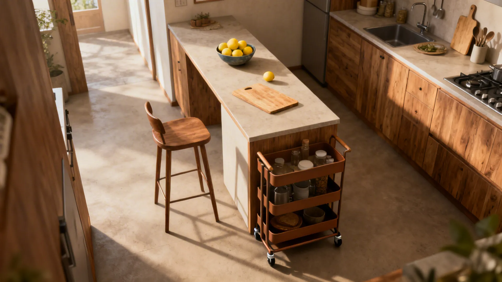 Slim multipurpose island with seating and a mobile cart in a small kitchen