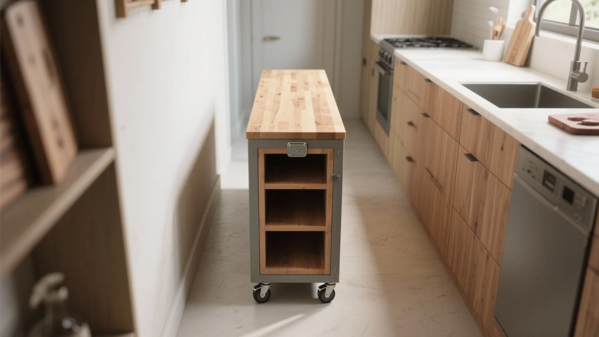 Slim wooden kitchen island with wheels and open shelves placed in a modern bright kitchen