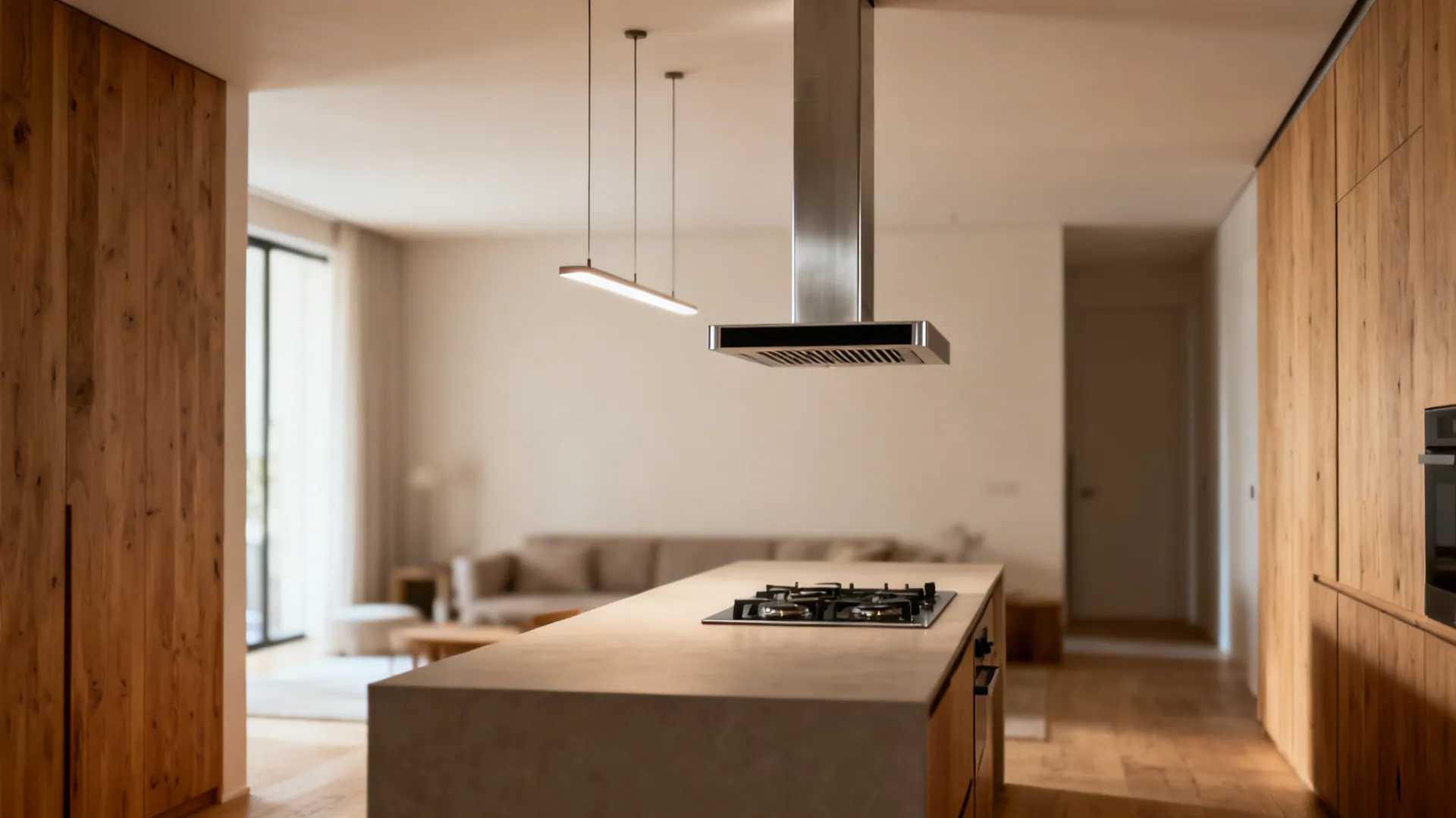 Kitchen island with stove and hanging hood in open room with wood walls and sofa