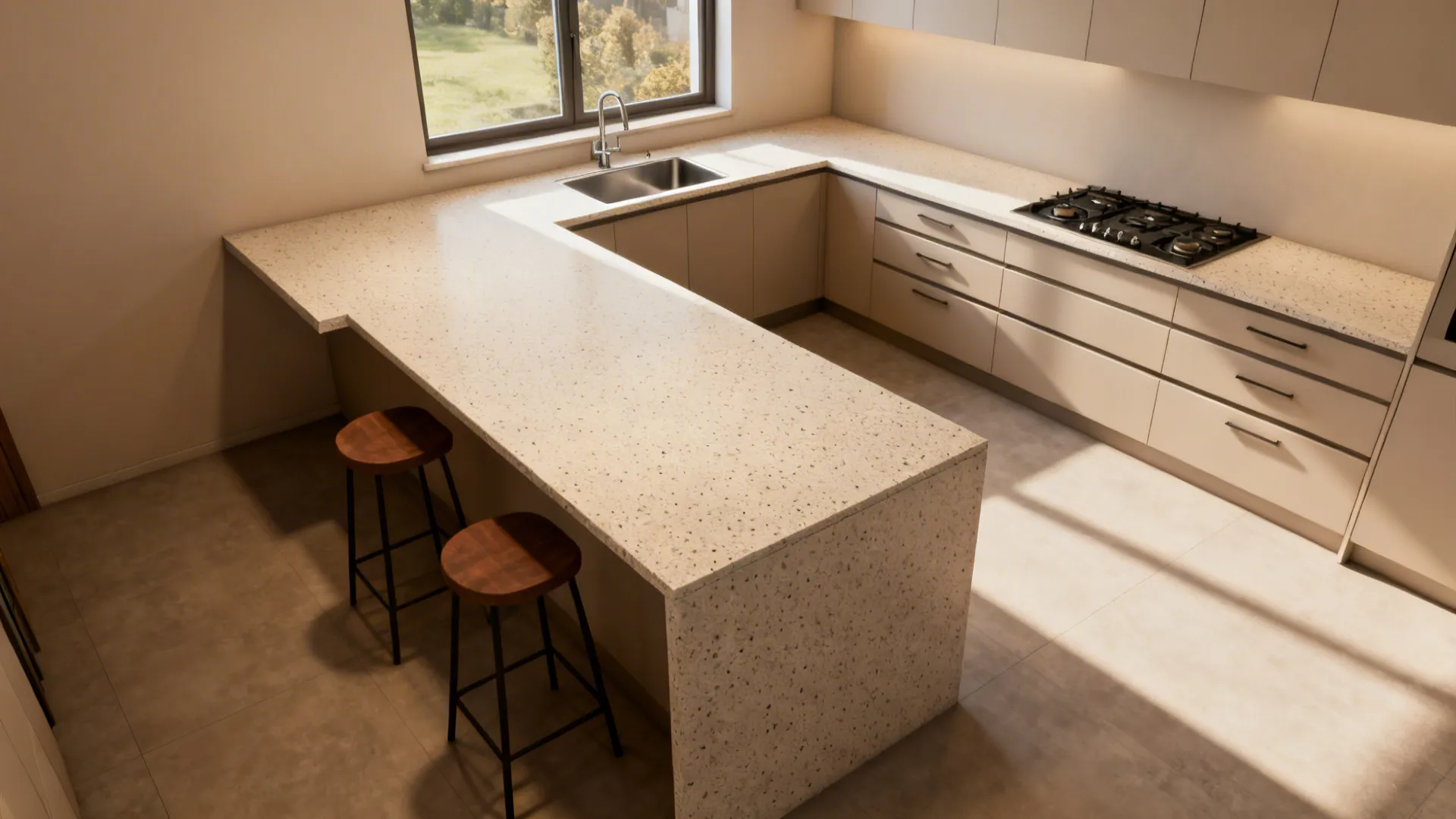 Slim island with seating and clear aisles in a compact L-shaped kitchen with window.