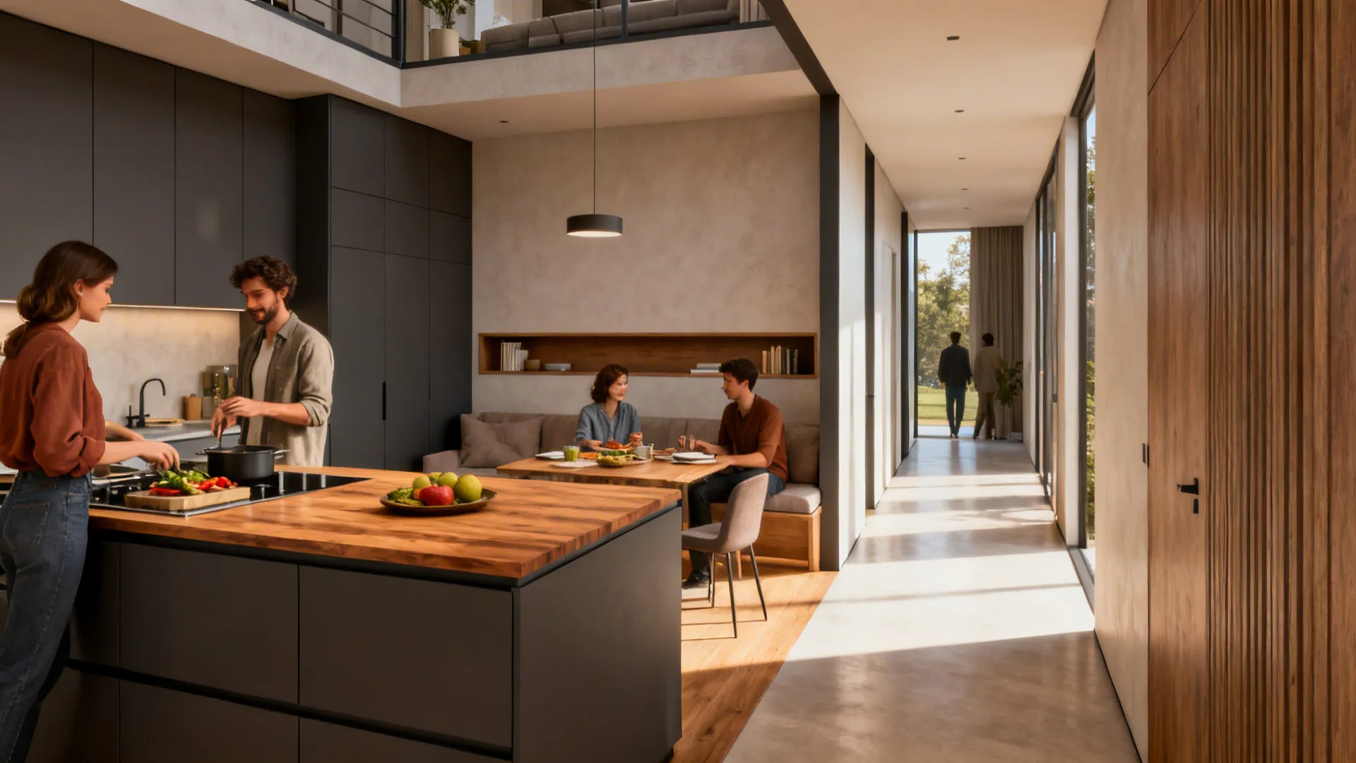 Slim kitchen island and narrow console providing subtle division and extra functionality
