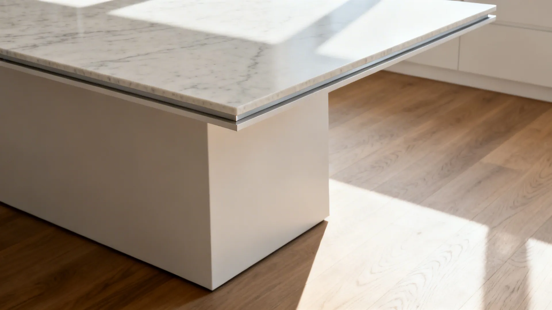 Close-up of thin quartz counter with chamfered edge on a slim island base.