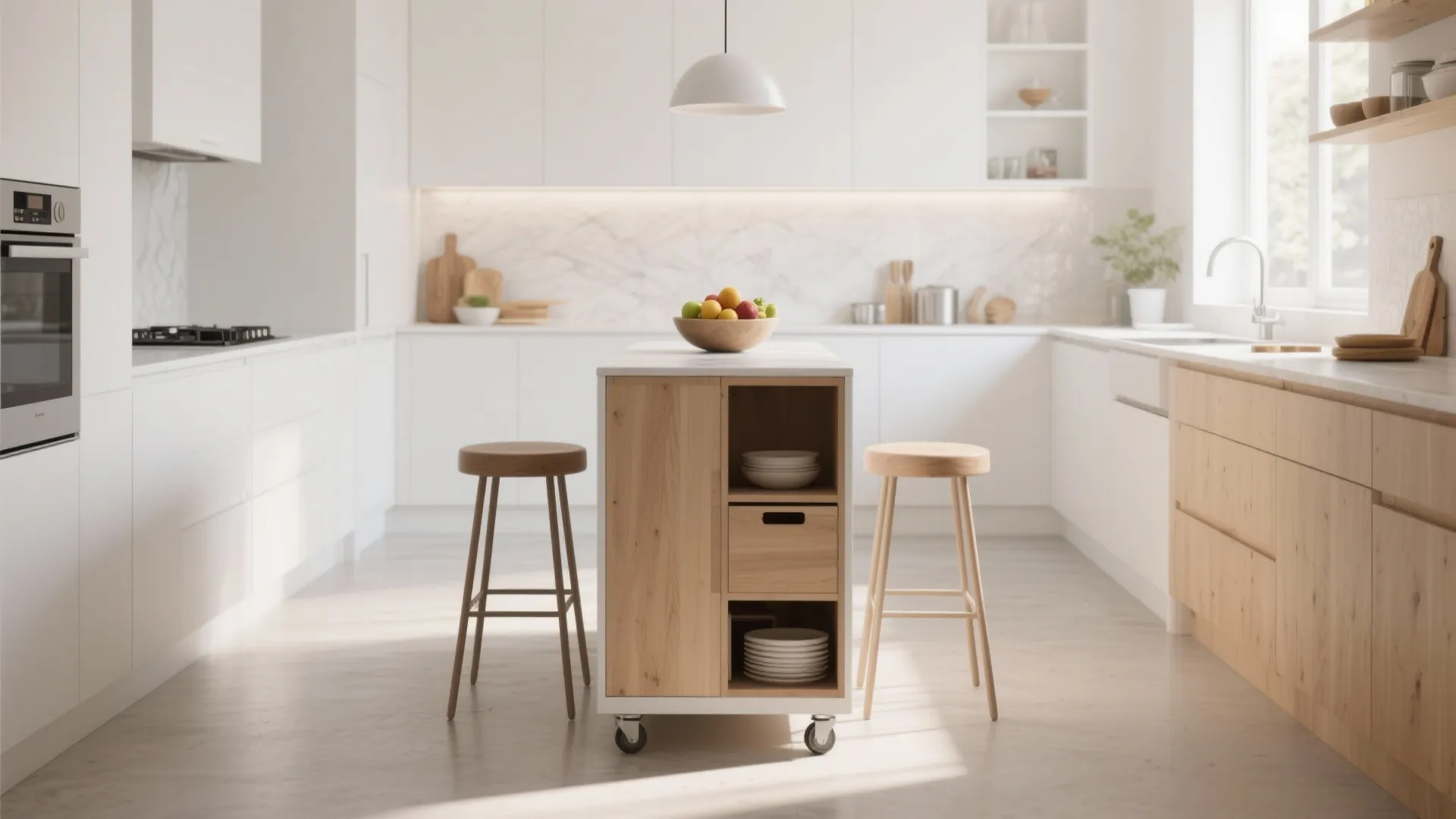 Narrow kitchen island doubling as a dining table for two with stools and storage