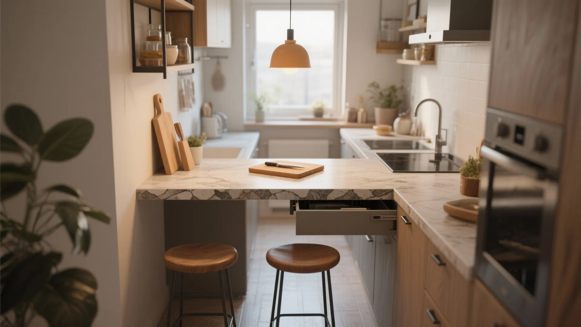 Narrow kitchen island with overhang seating, pull-out cutting board, and pendant lights.