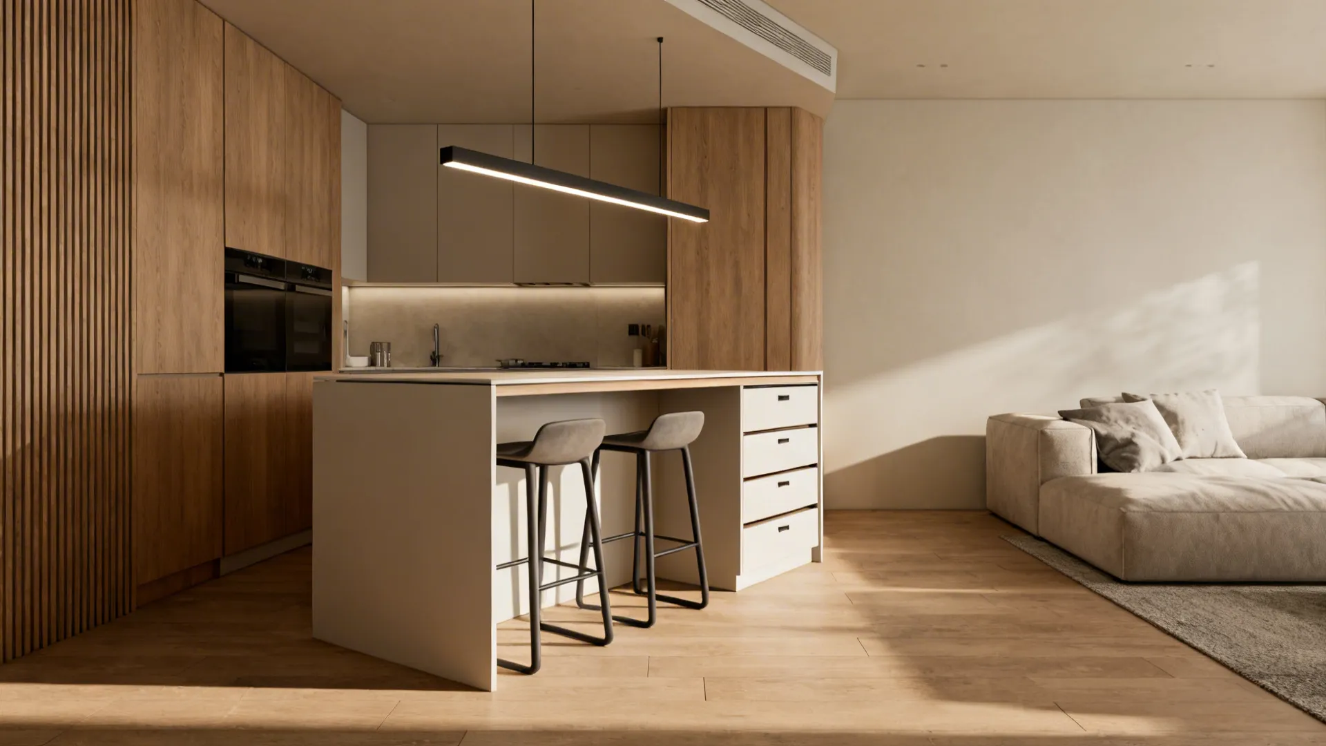 Slim kitchen island with overhang used as dining seating, pendant light and integrated storage.