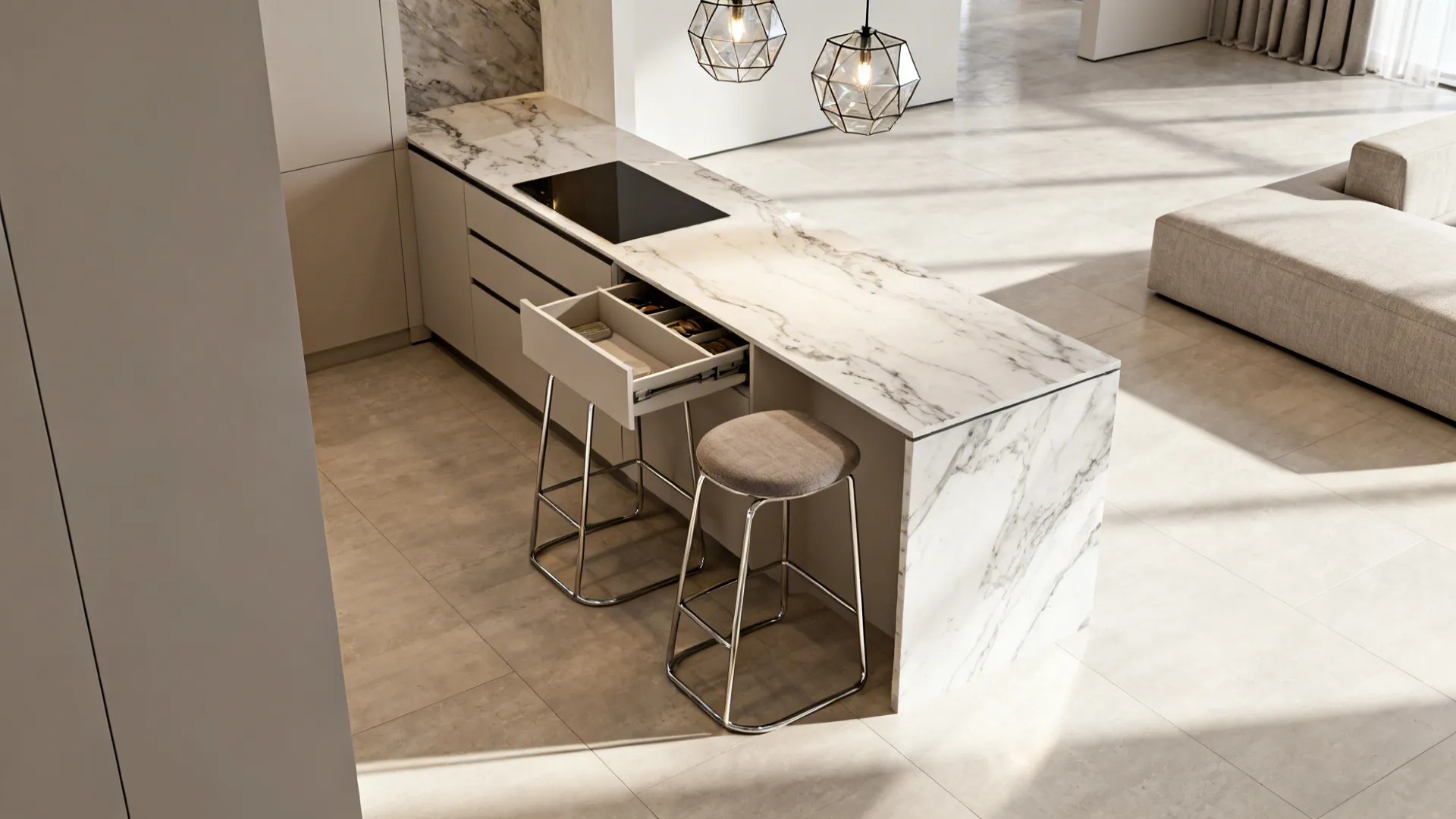 Narrow kitchen island used as dining and prep area with two stools in a small living-kitchen combo