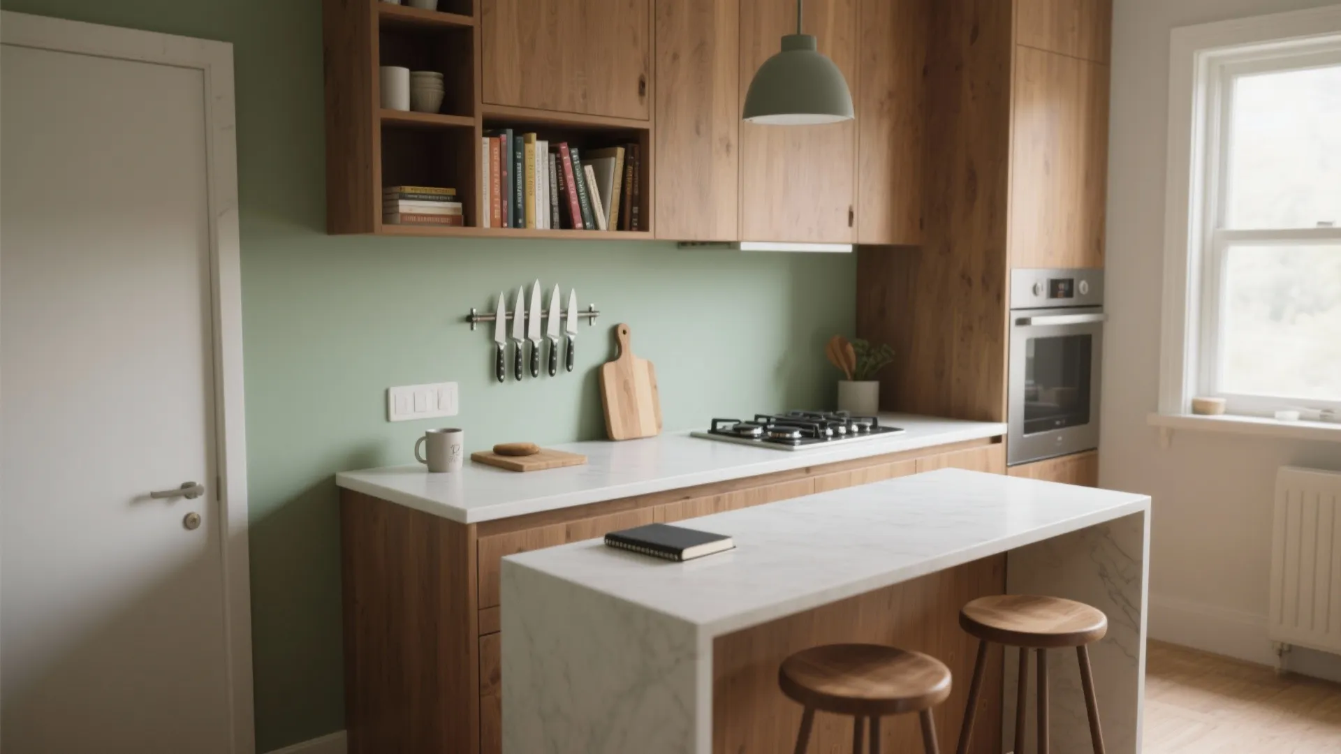Small kitchen with green wall wooden cabinets white marble island stools and a large bright window