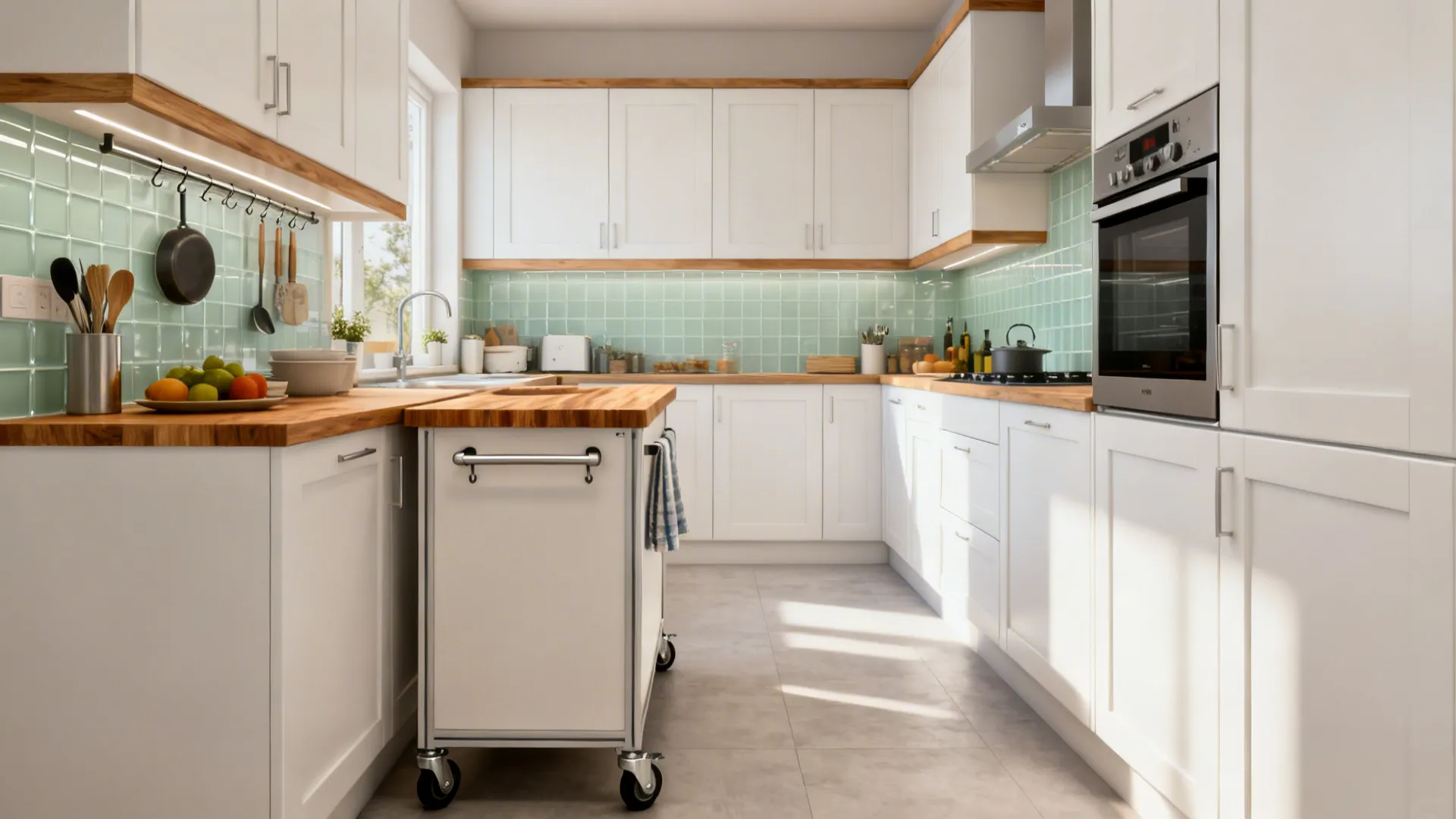 Modern white kitchen with green wall tiles wooden countertops and a small island on wheels