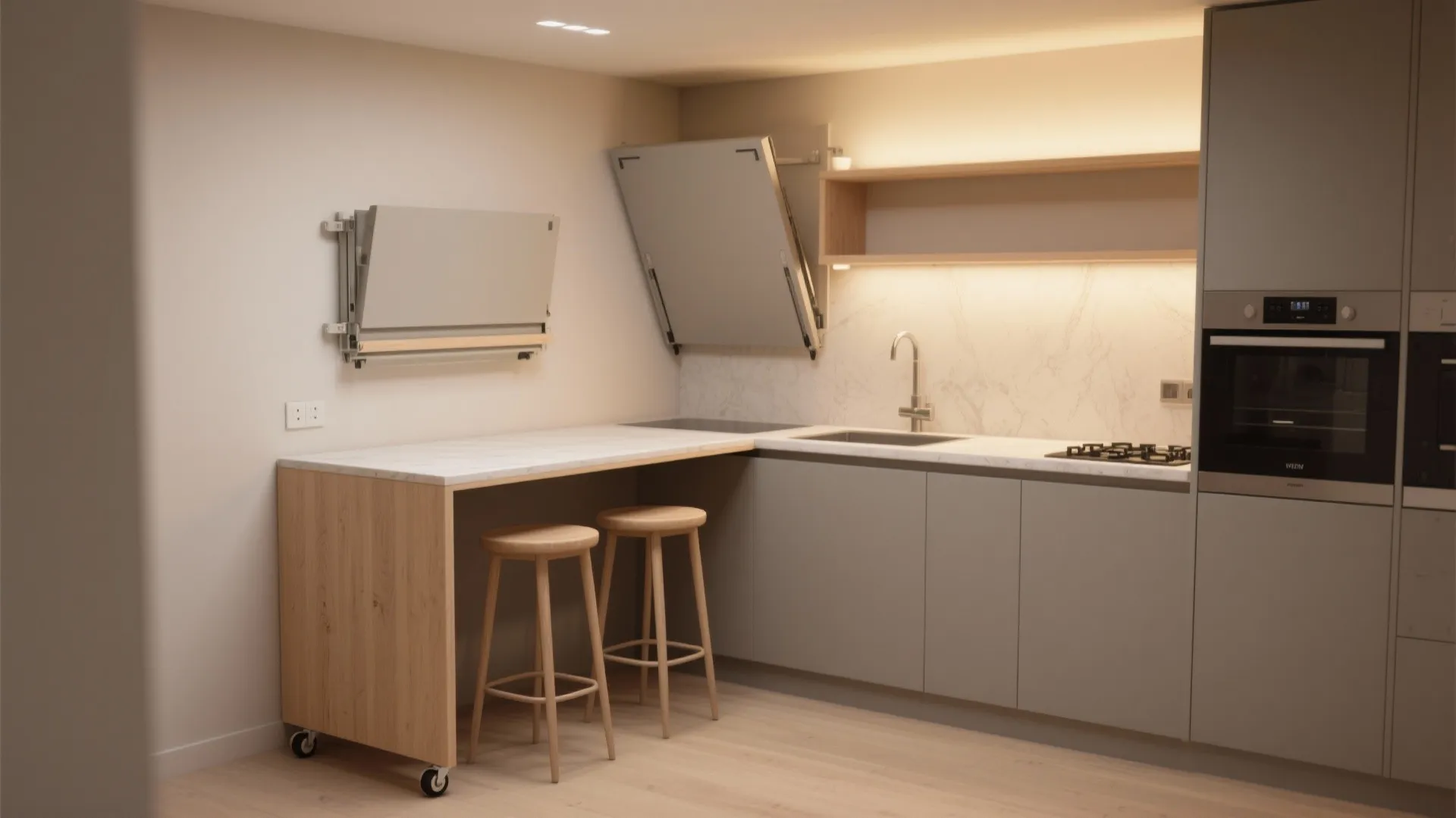 Compact kitchenette with a slim wheeled island and a wall-mounted fold-down counter shown in use.