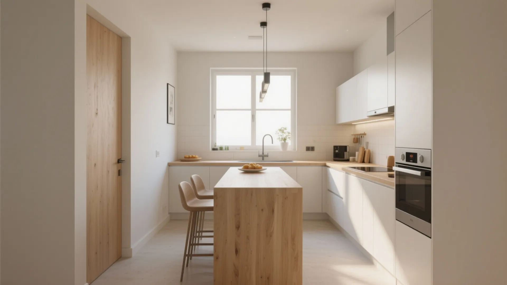 Bright white kitchen room layout with wooden island chairs big window wooden door and built-in oven