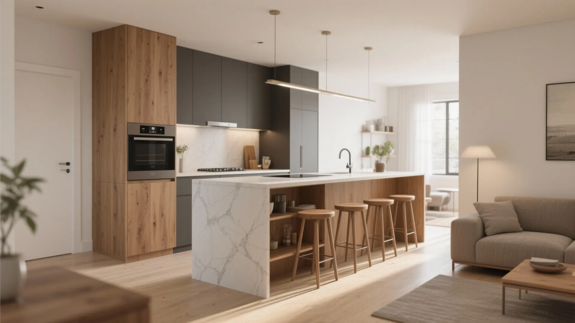 Slim 30-inch island serving as prep space, seating, and visual divider in a small open-plan kitchen.