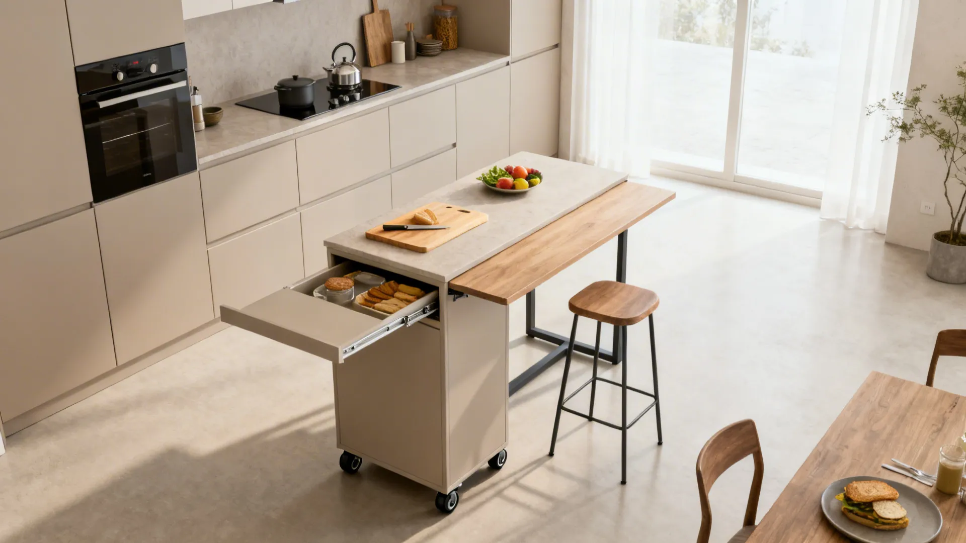 Multi-purpose surfaces: fold-downs, pull-outs, and slim islands