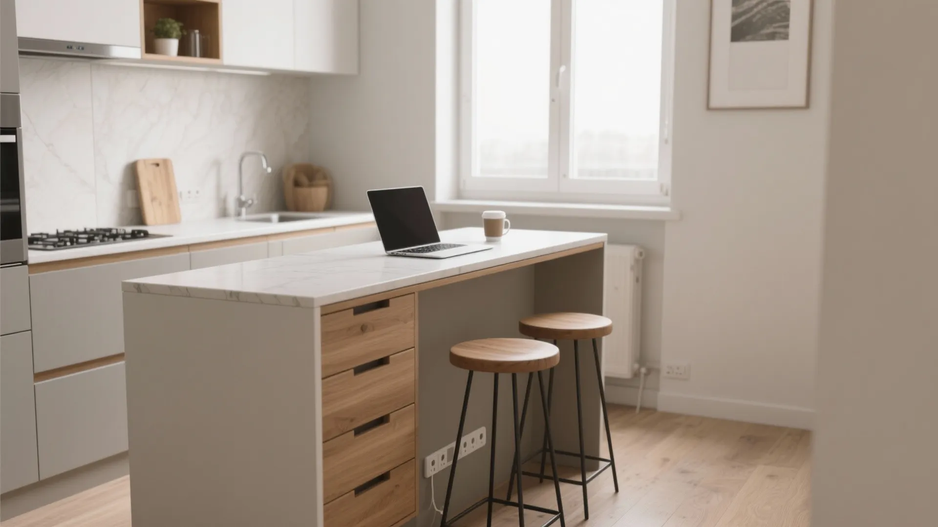 Kitchen island with wooden drawers a laptop and two wooden stools in a bright minimalist room