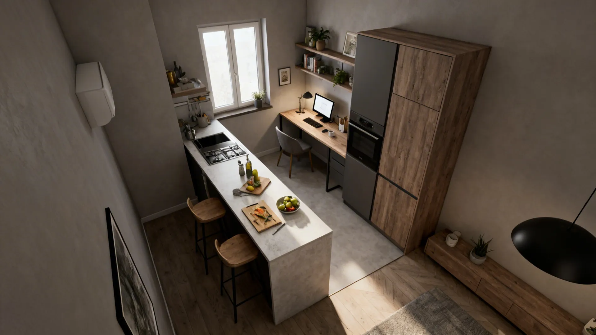 Narrow kitchen island and multifunctional peninsula with seating and a small work area in a compact layout.