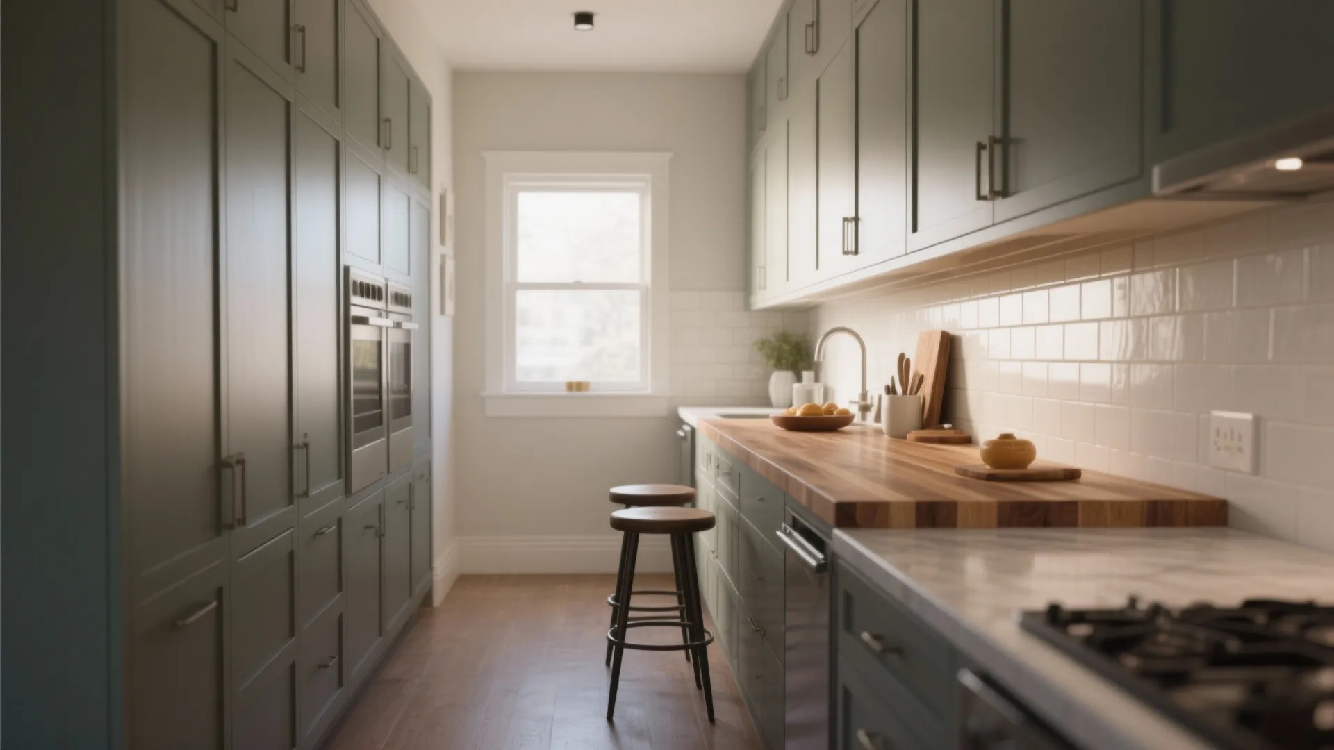 Narrow island with integrated seating and tall pantry units illustrating good circulation.