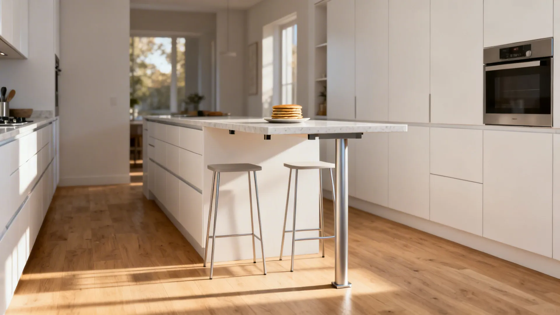 Slim 16-inch-deep kitchen island with cantilevered quartz top and two backless stools.