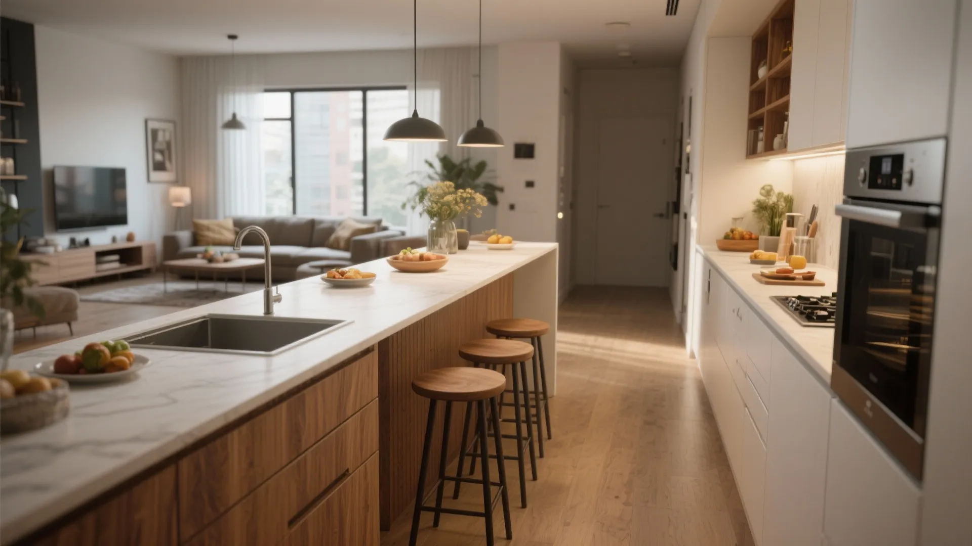 2. A slim island that doubles as storage and dining