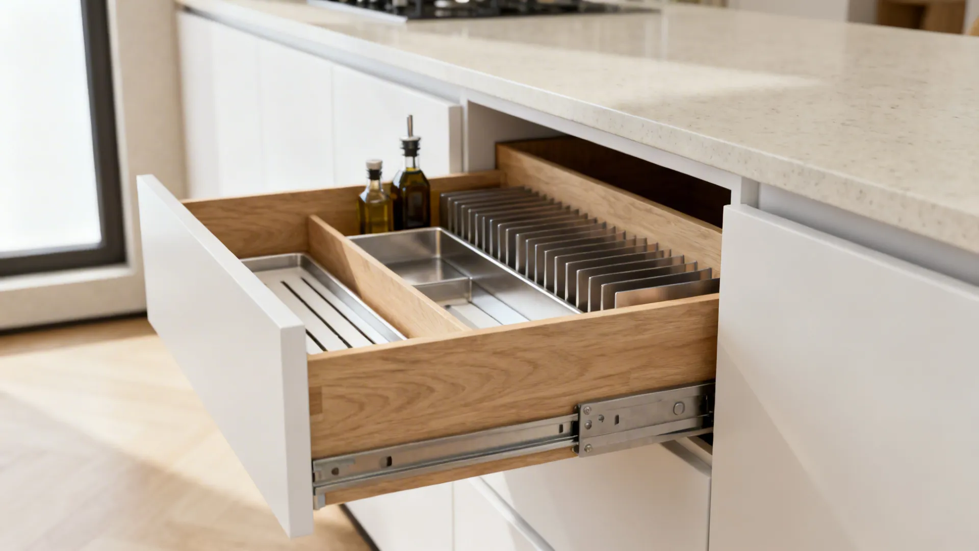Macro view of a slim kitchen island with organized shallow drawers and vertical dividers under a thin quartz top.