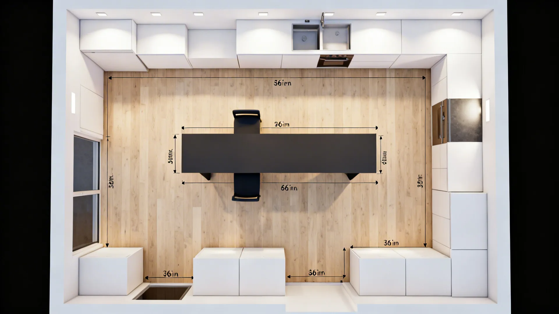 Top-down view of a slim island layout showing clear walkways and seating.