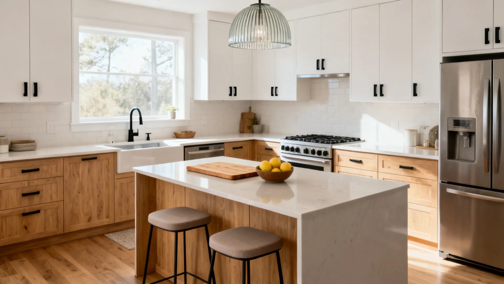 L-shaped compact kitchen with a slim island, two stools, and comfortable clearances.