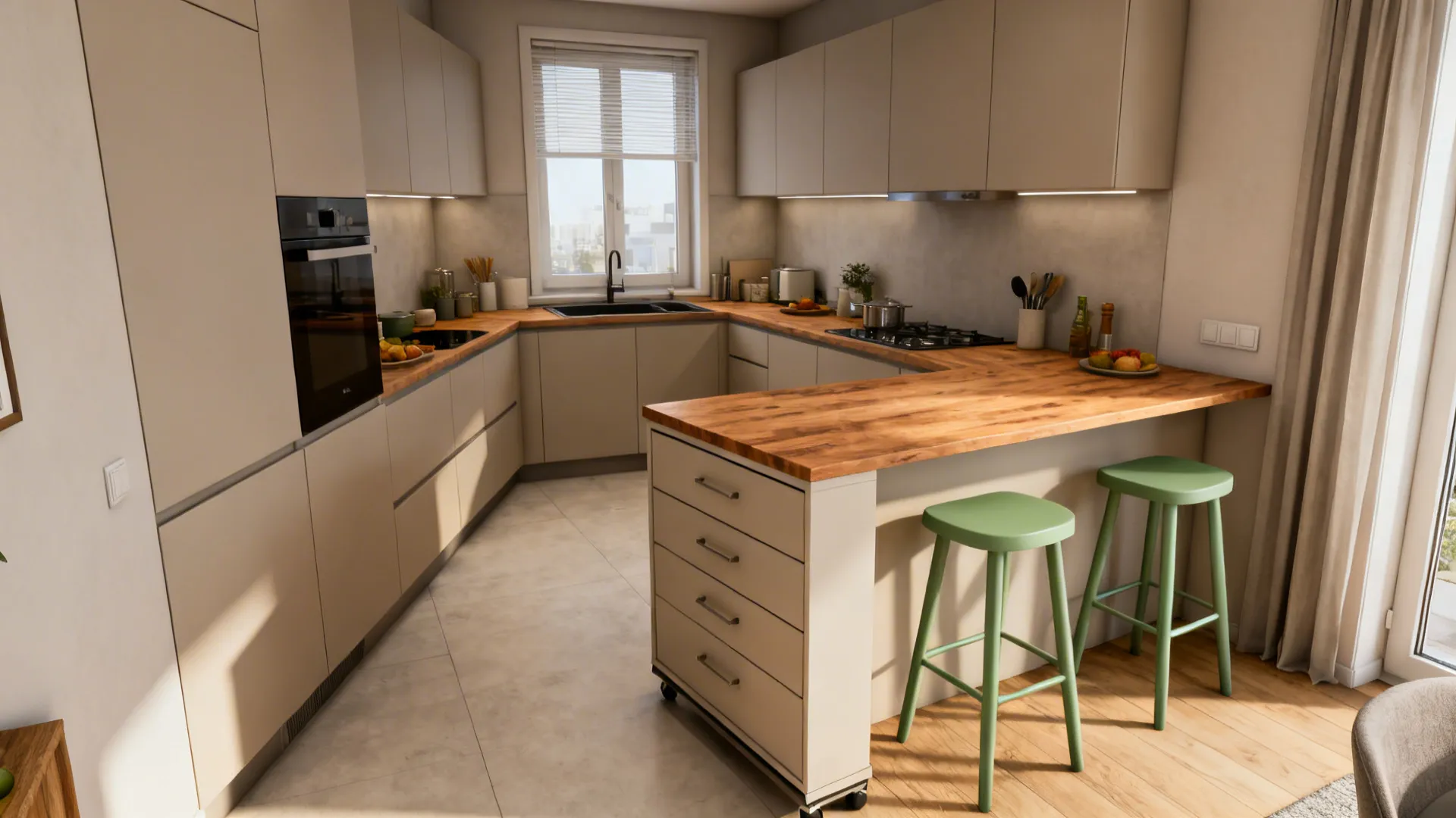 Compact kitchen with a slim movable island, two-seat overhang, and clear walkways for zoned workflow.