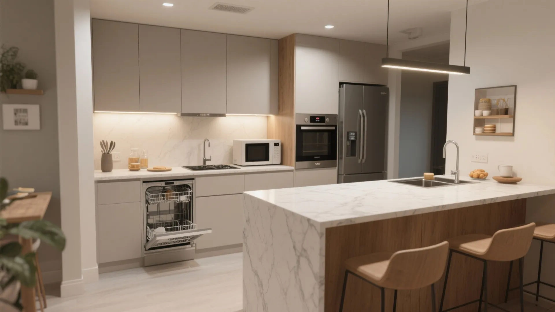 Appliance zoning and slim islands for real-life cooking